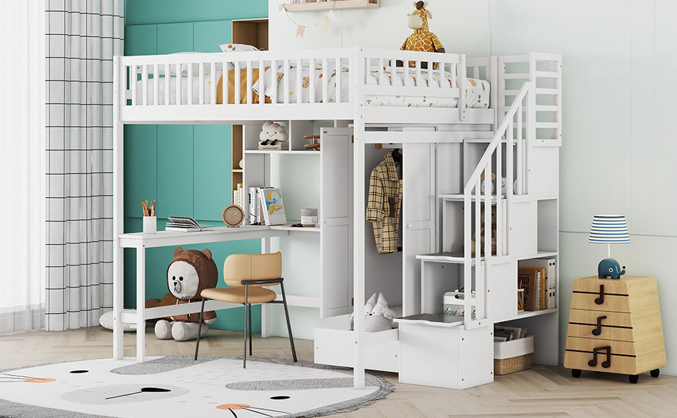 Full size Loft Bed with Bookshelf,Drawers,Desk,and Wardrobe-White - Atlantic Fine Furniture Melbourne FL