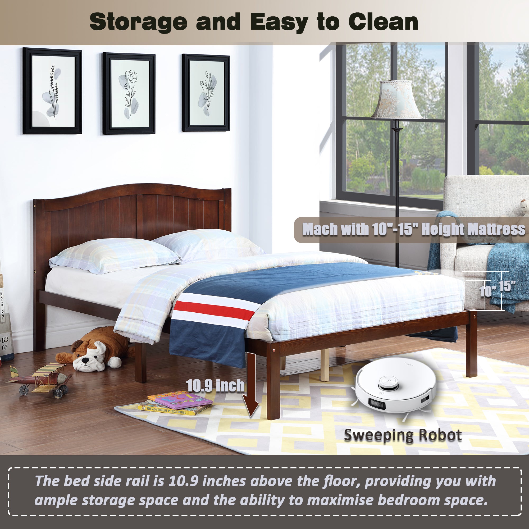 Full Size Bed, Wood Platform Bed Frame with Headboard For Kids, Slatted, Dark Walnut - Atlantic Fine Furniture Melbourne FL