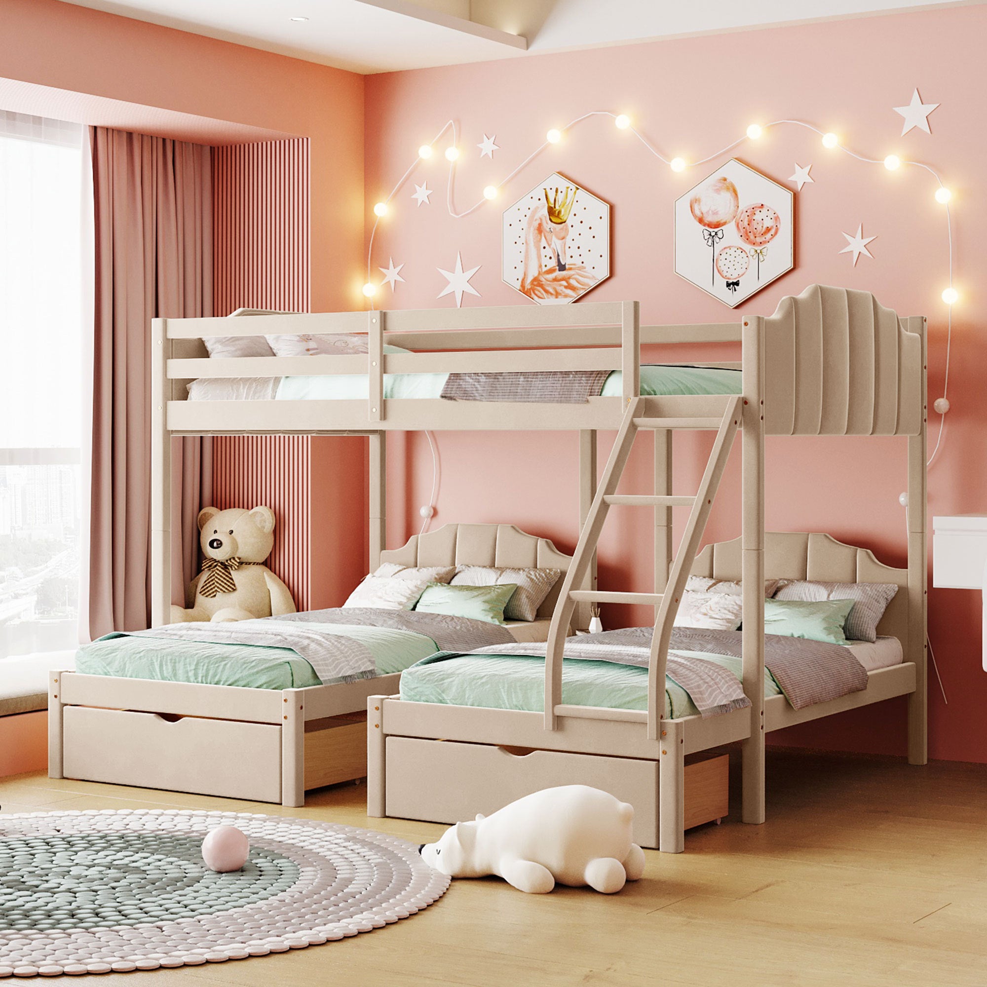 Full Over Twin & Twin Bunk Bed, Velvet Triple Bunk Bed with Drawers and Guardrails, Beige - Atlantic Fine Furniture Melbourne FL