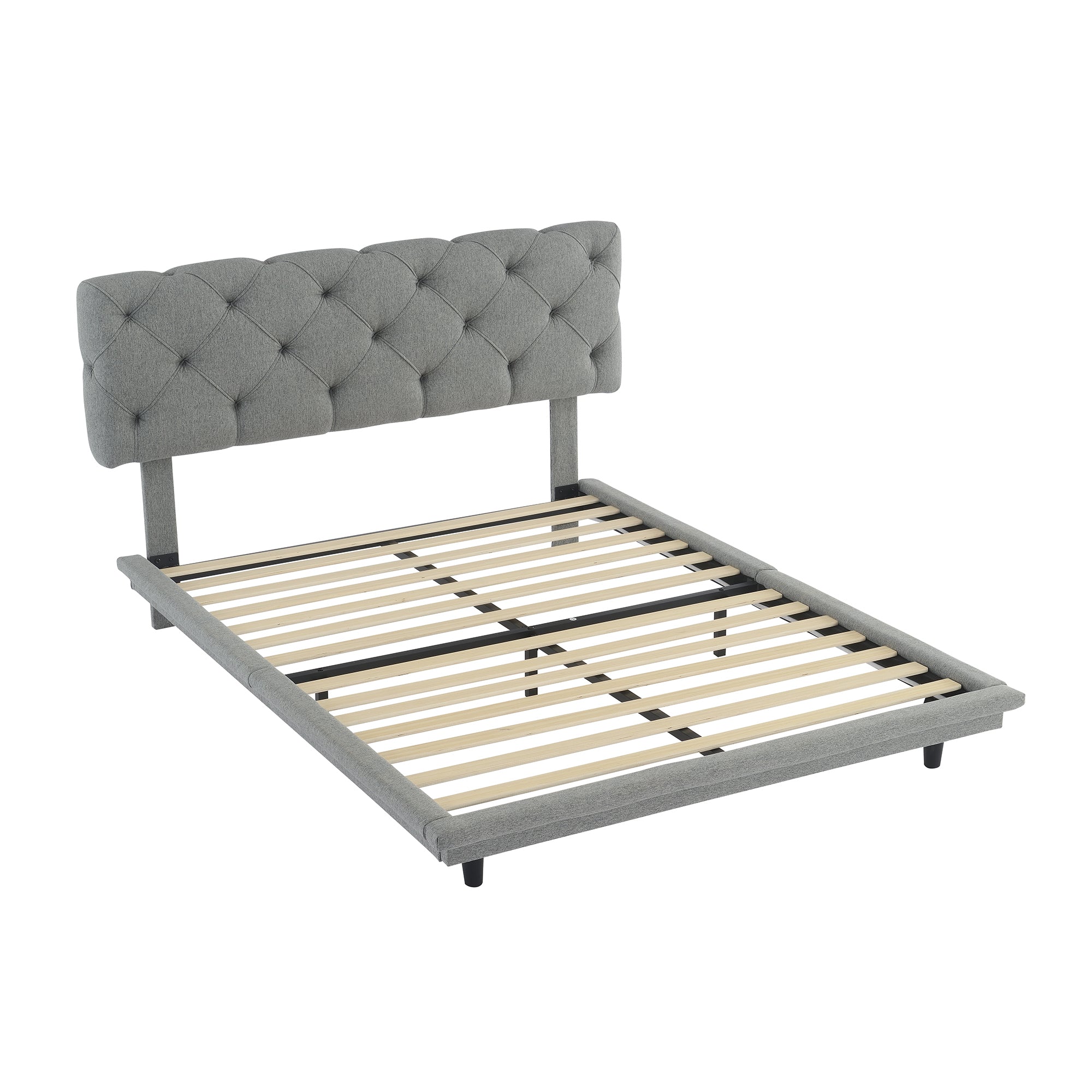 Full Size Upholstered Bed with Light Stripe, Floating Platform Bed, Linen Fabric,Gray - Atlantic Fine Furniture Melbourne FL