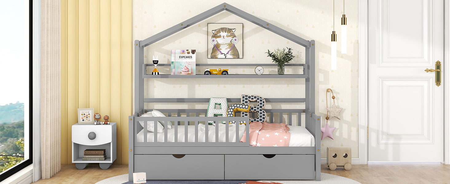 Wooden Twin Size House Bed with 2 Drawers,Kids Bed with Storage Shelf, Gray - Atlantic Fine Furniture Melbourne FL