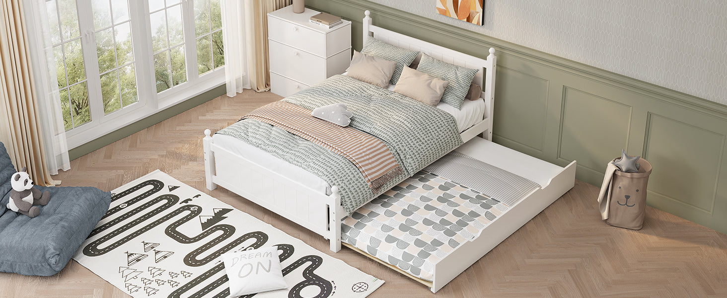 Full Size Solid Wood Platform Bed Frame with trundle for Limited Kids, Teens, Adults, No Need Box Spring, White - Atlantic Fine Furniture Melbourne FL