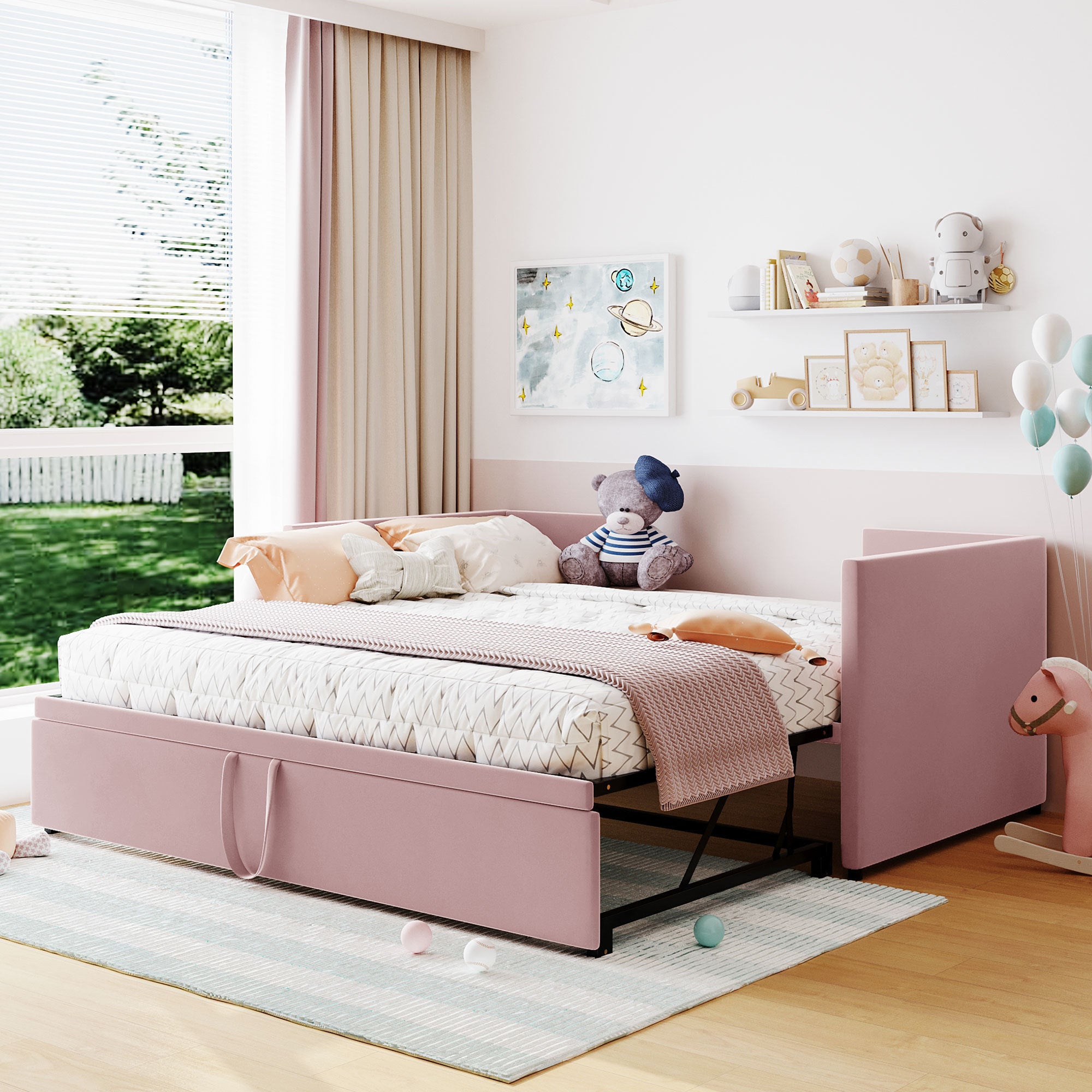Twin Size Upholstered daybed with Pop Up Trundle, Pink - Atlantic Fine Furniture Melbourne FL