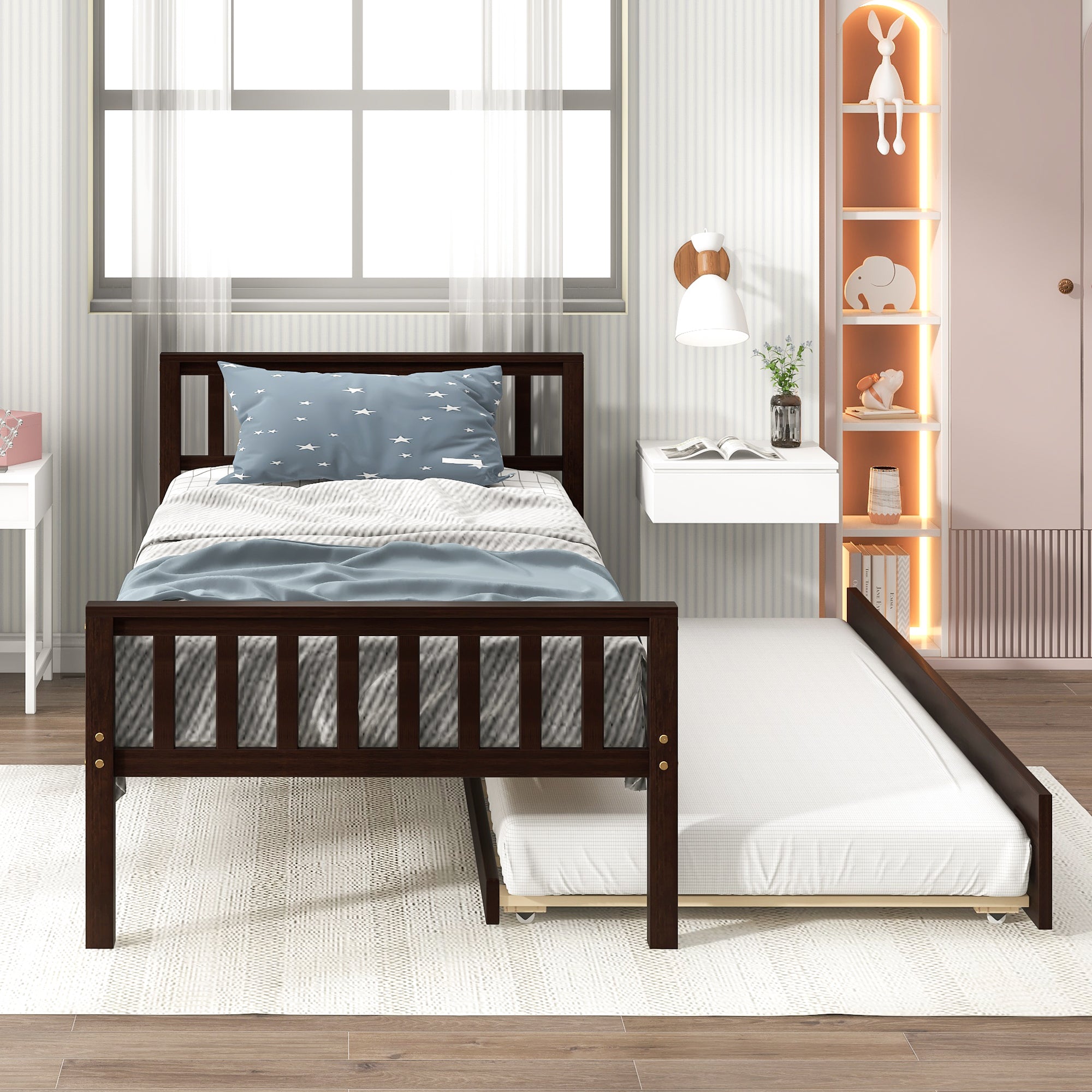Twin Bed with Trundle, Platform Bed Frame with Headboard and Footboard, for Bedroom Small Living Space,No Box Spring Needed,Espresso(Old SKU:W50440557) - Atlantic Fine Furniture Melbourne FL