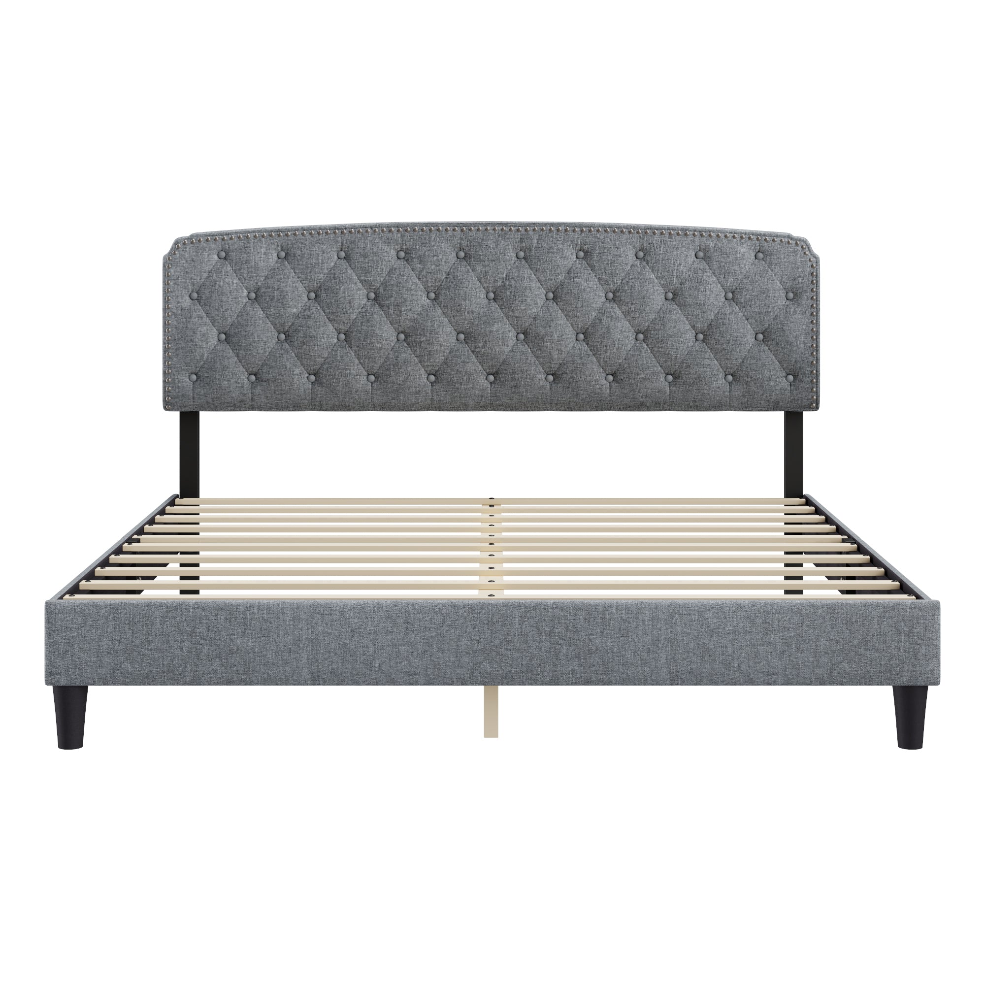 King size Adjustable Headboard with Fine Linen Upholstery and Button Tufting for Bedroom, Wave Top LIGHT GREY