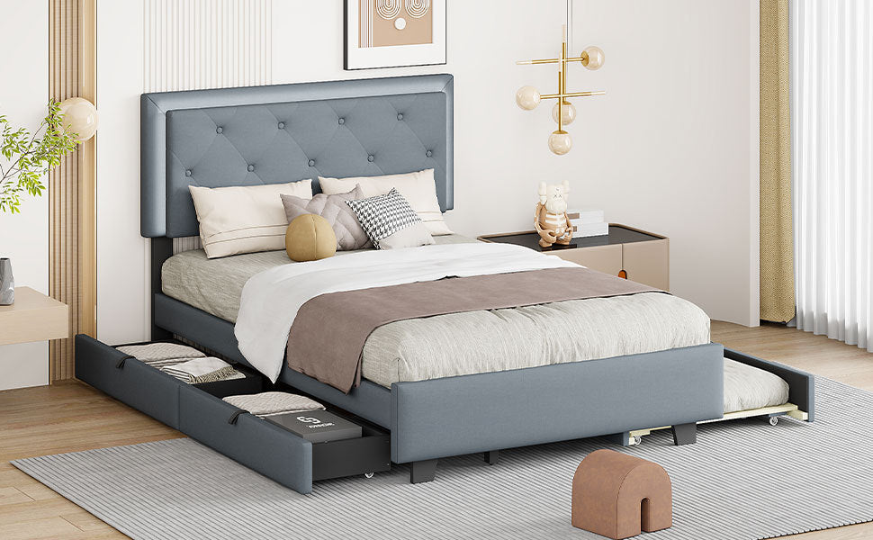 Full Size Velvet Storage Platform Bed, with 2 Big Drawers, T Size Trundle and LED Light, Gray - Atlantic Fine Furniture Melbourne FL