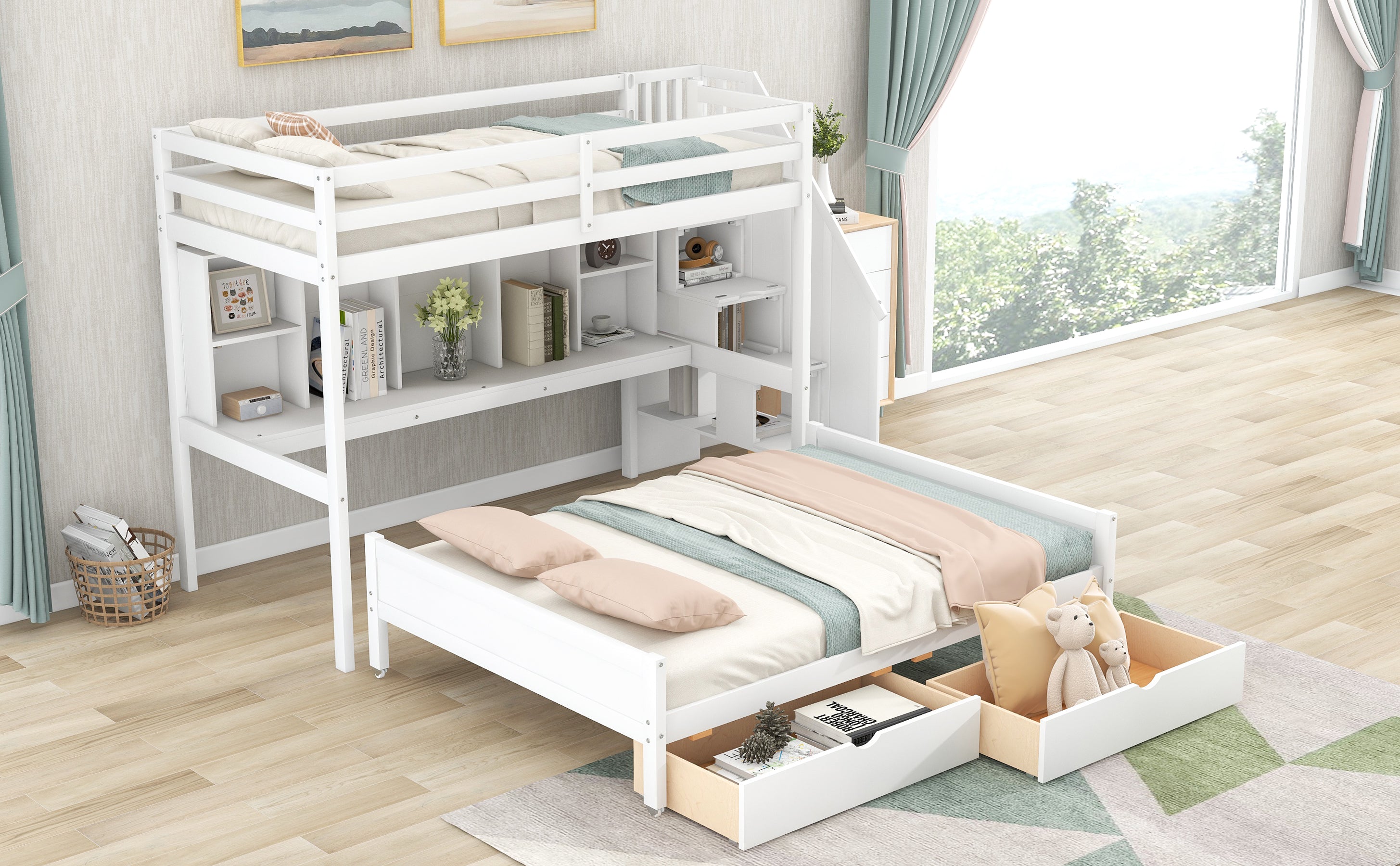 Twin XL over Full Bunk Bed with Built-in Storage Shelves, Drawers and Staircase,White - Atlantic Fine Furniture Melbourne FL