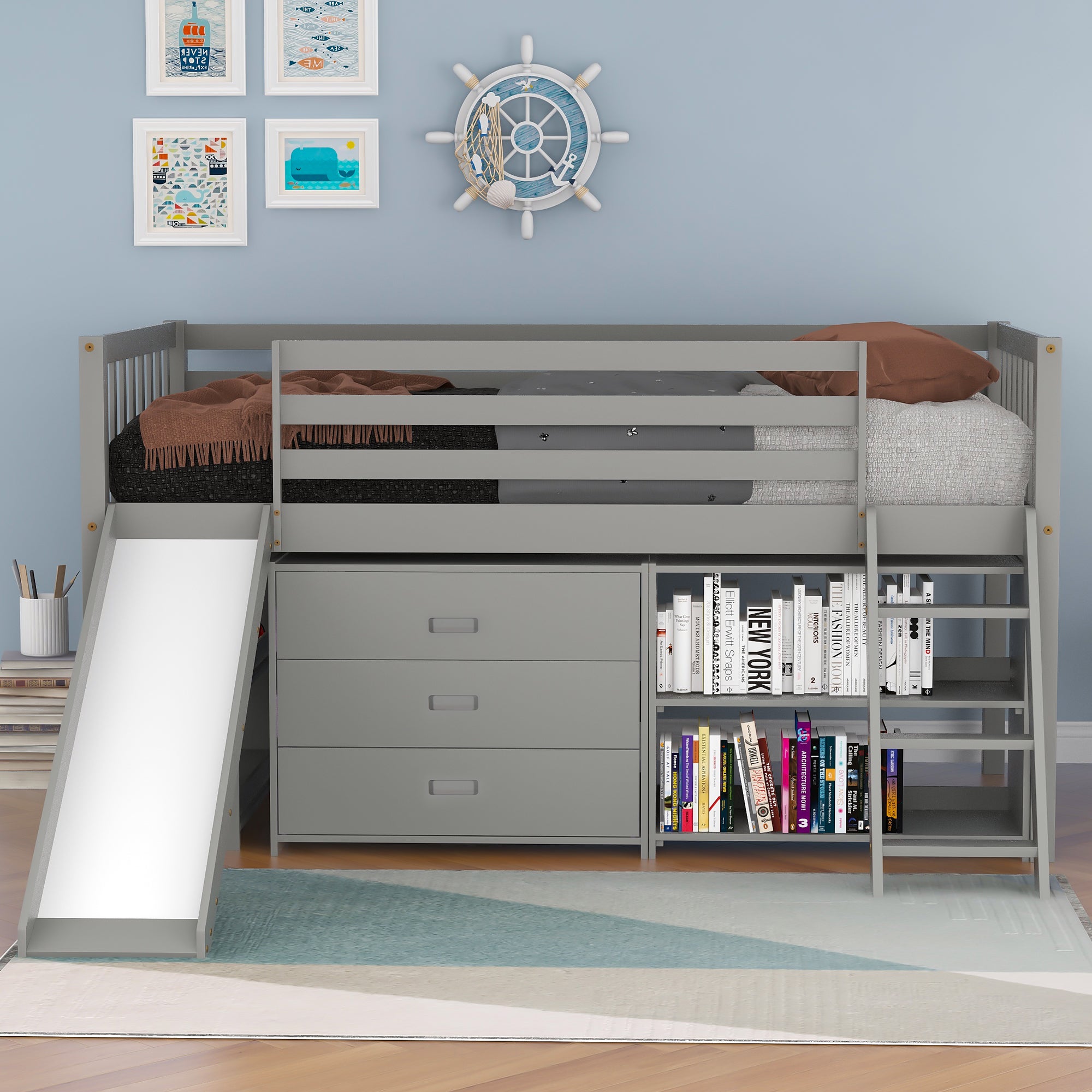 Low Loft Bed with Attached Bookcases and Separate 3-tier Drawers,Convertible Ladder and Slide,Twin,Gray - Atlantic Fine Furniture Melbourne FL