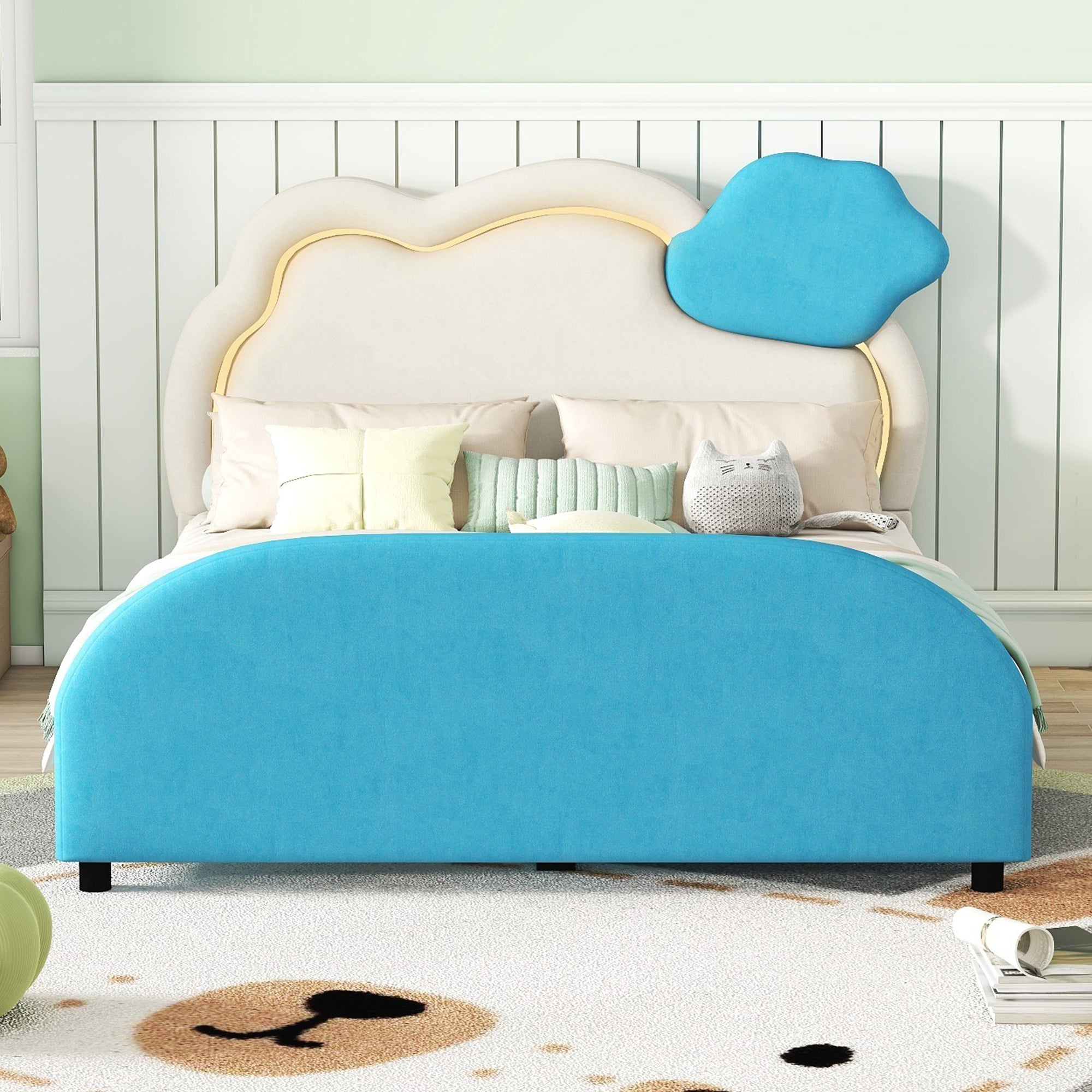 Full Size Upholstered Platform Bed with Cloud-Shaped Headboard and Embedded Light Stripe, Velvet, Blue - Atlantic Fine Furniture Melbourne FL