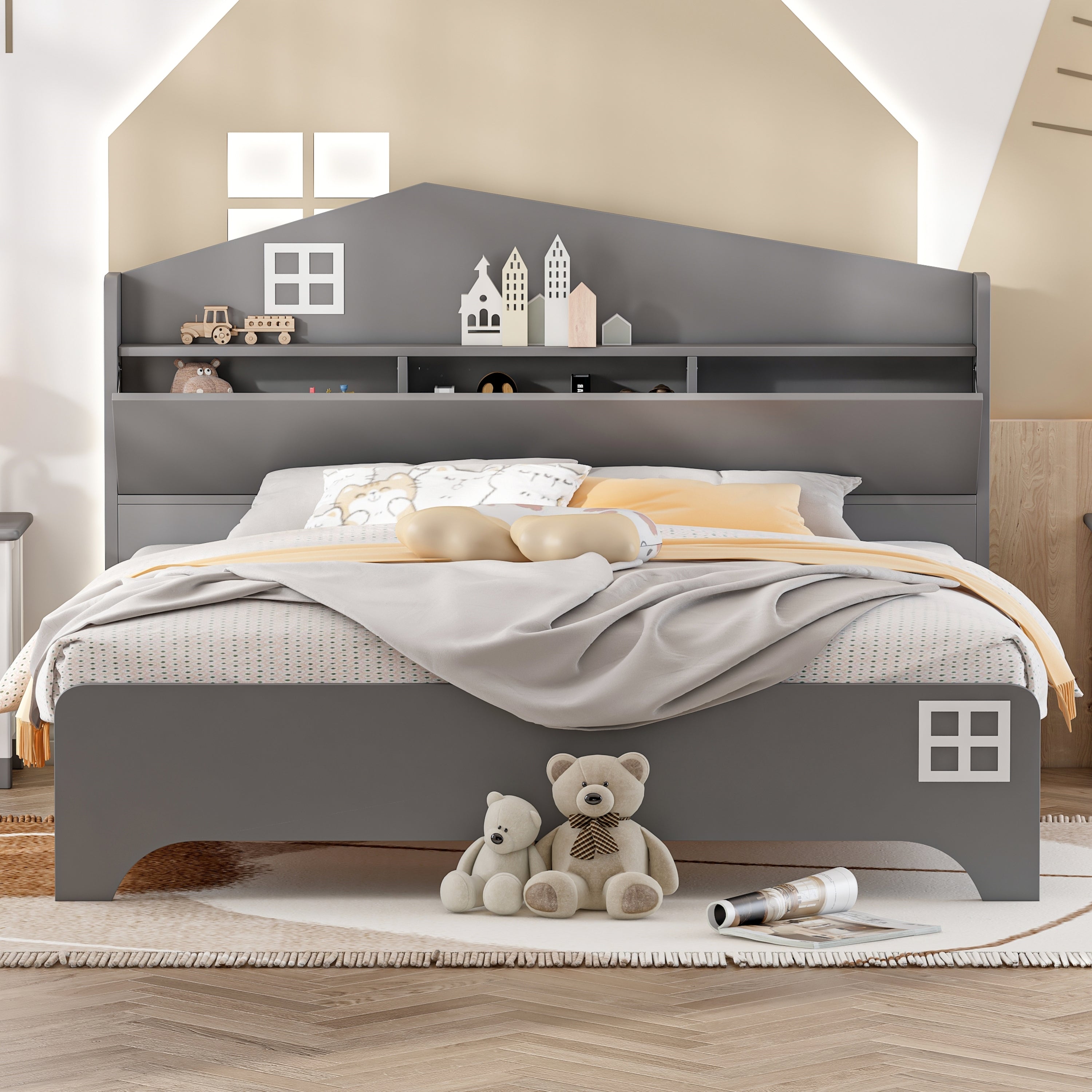 Wooden Full Size House Bed with Storage Headboard ,Kids Bed with Storage Shelf,Grey - Atlantic Fine Furniture Melbourne FL
