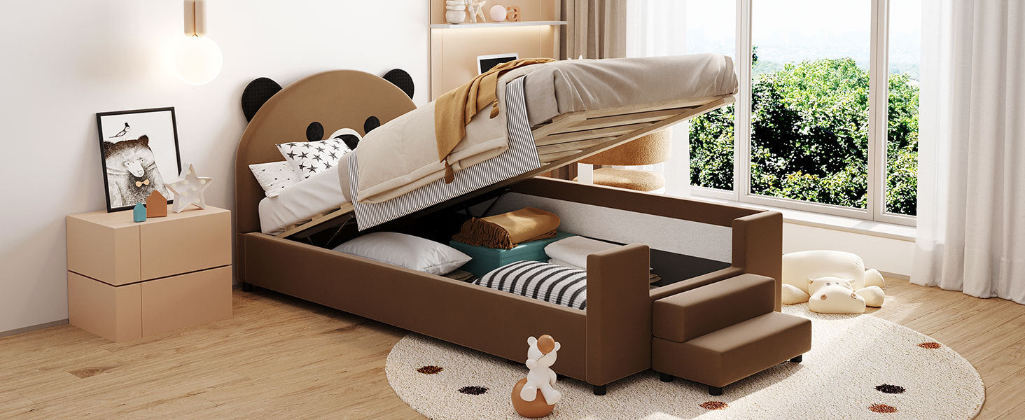 Twin Size Upholstered Daybed with Bear Shaped Headboard, Hydraulic System and Breathable Mesh Fence, Brown - Atlantic Fine Furniture Melbourne FL