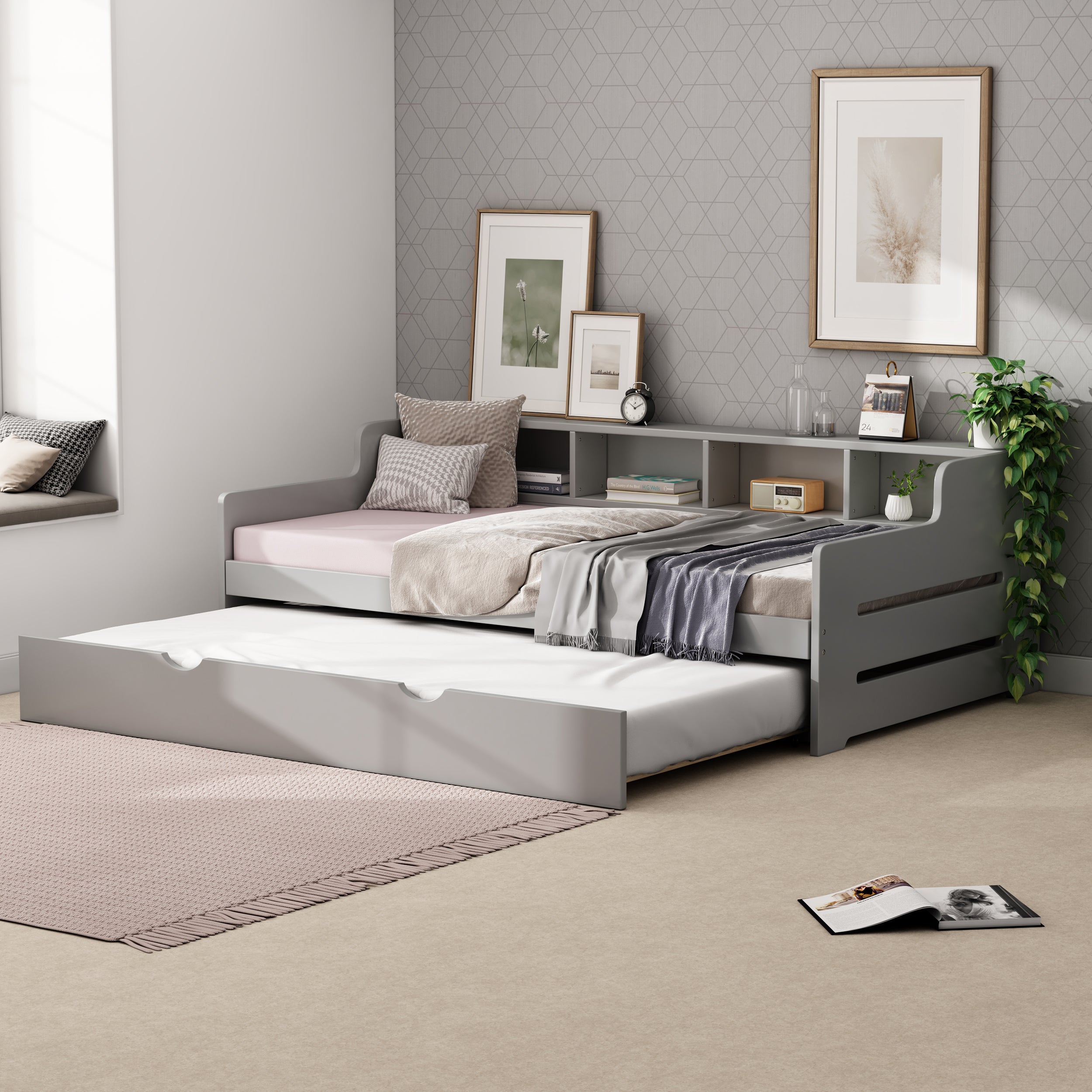 Twin Size Wooden Day Bed with Trundle for Guest Room, Small Bedroom, Study Room, Gray - Atlantic Fine Furniture Melbourne FL