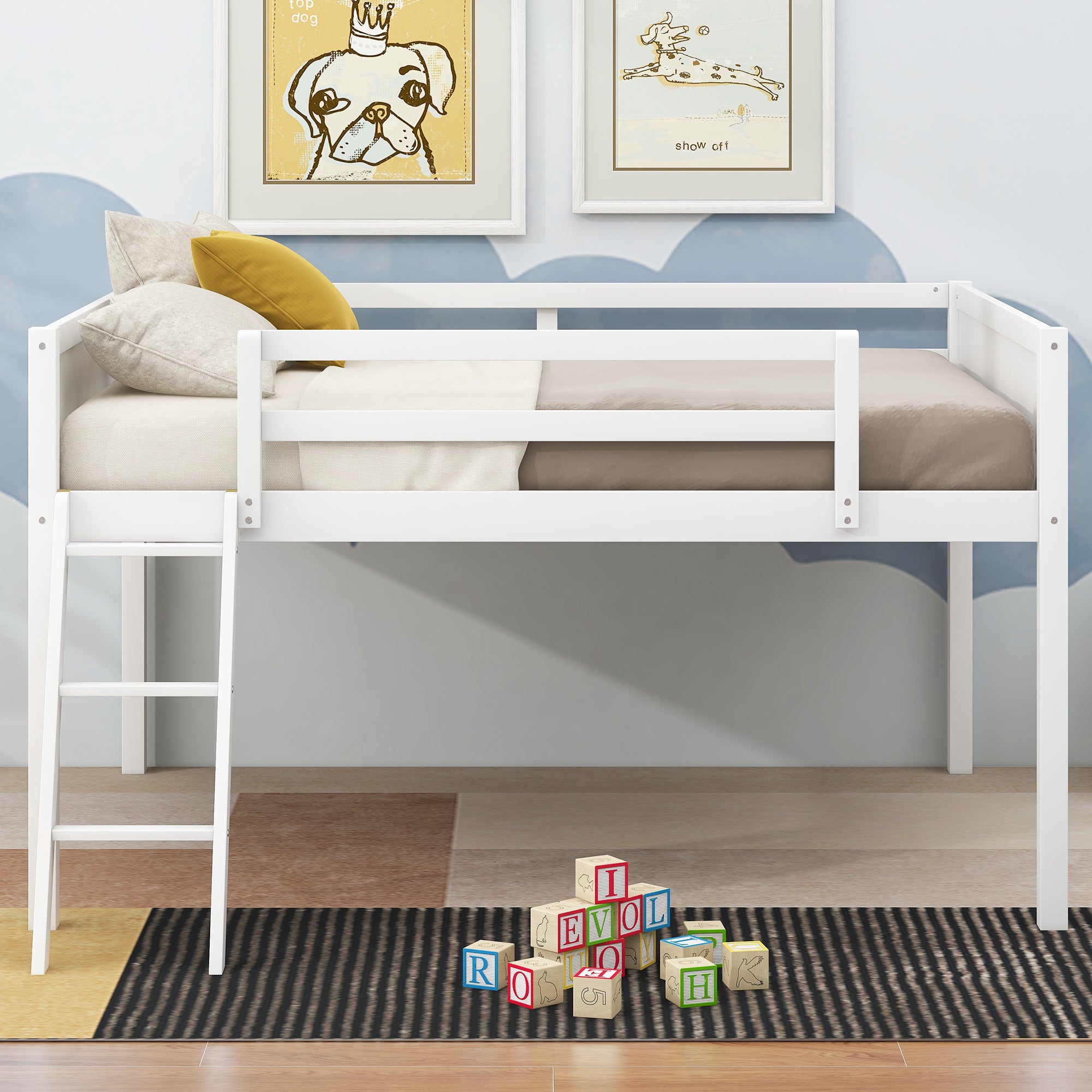 Full Size Wood Loft Bed with Ladder, ladder can be placed on the left or right, White - Atlantic Fine Furniture Melbourne FL