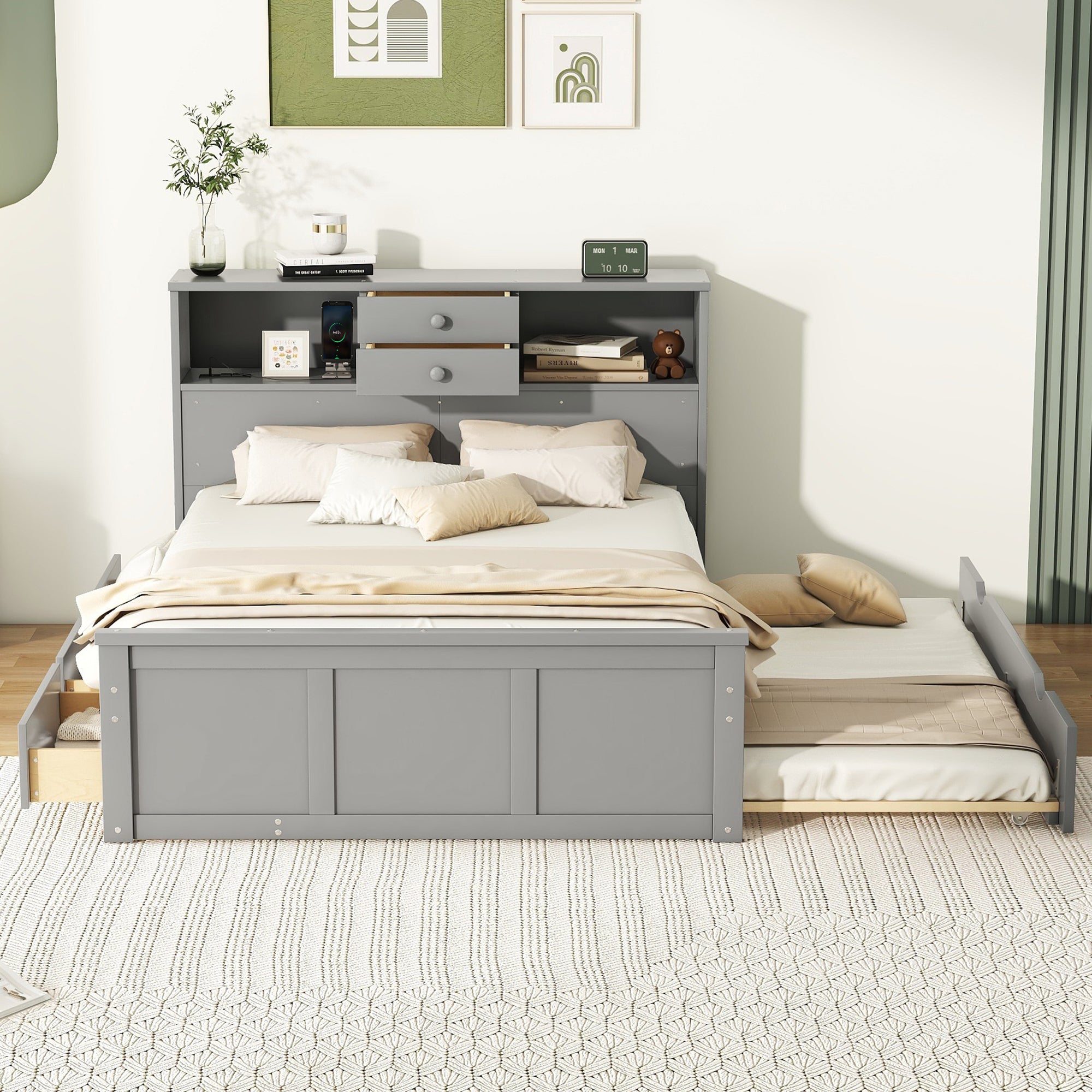 Full Size Wood Pltaform Bed with win Size Trundle, 3 Drawers, Upper Shelves and a set of USB Ports & Sockets, Gray - Atlantic Fine Furniture Melbourne FL