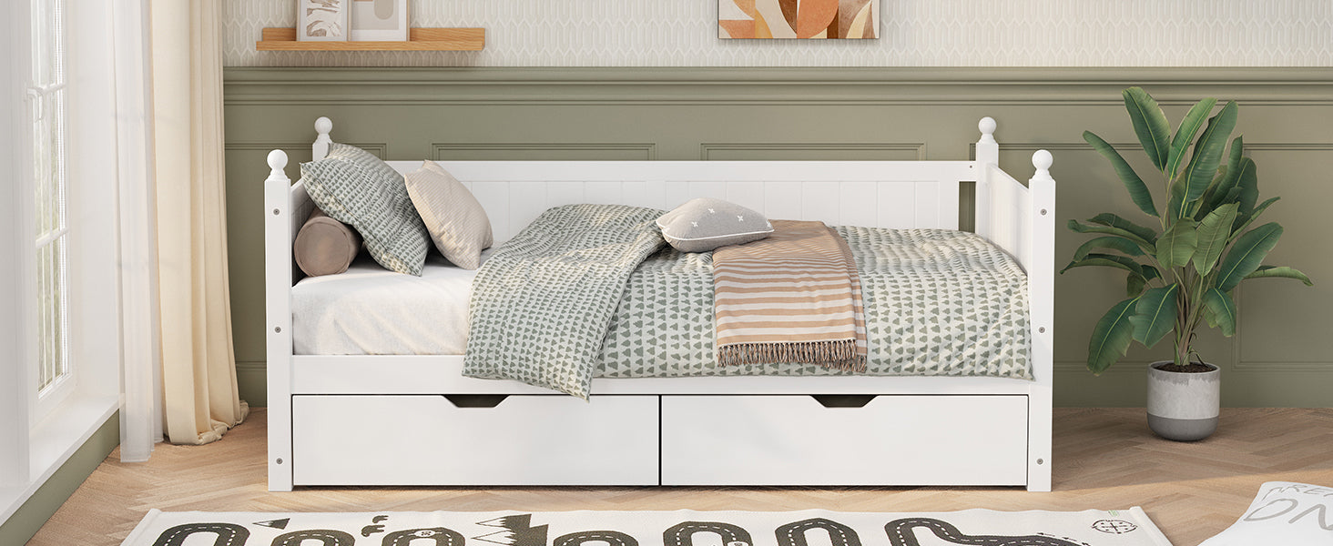 Twin Size Solid Wood Daybed with 2 drawers for Limited Space Kids, Teens, Adults, No Need Box Spring, White - Atlantic Fine Furniture Melbourne FL