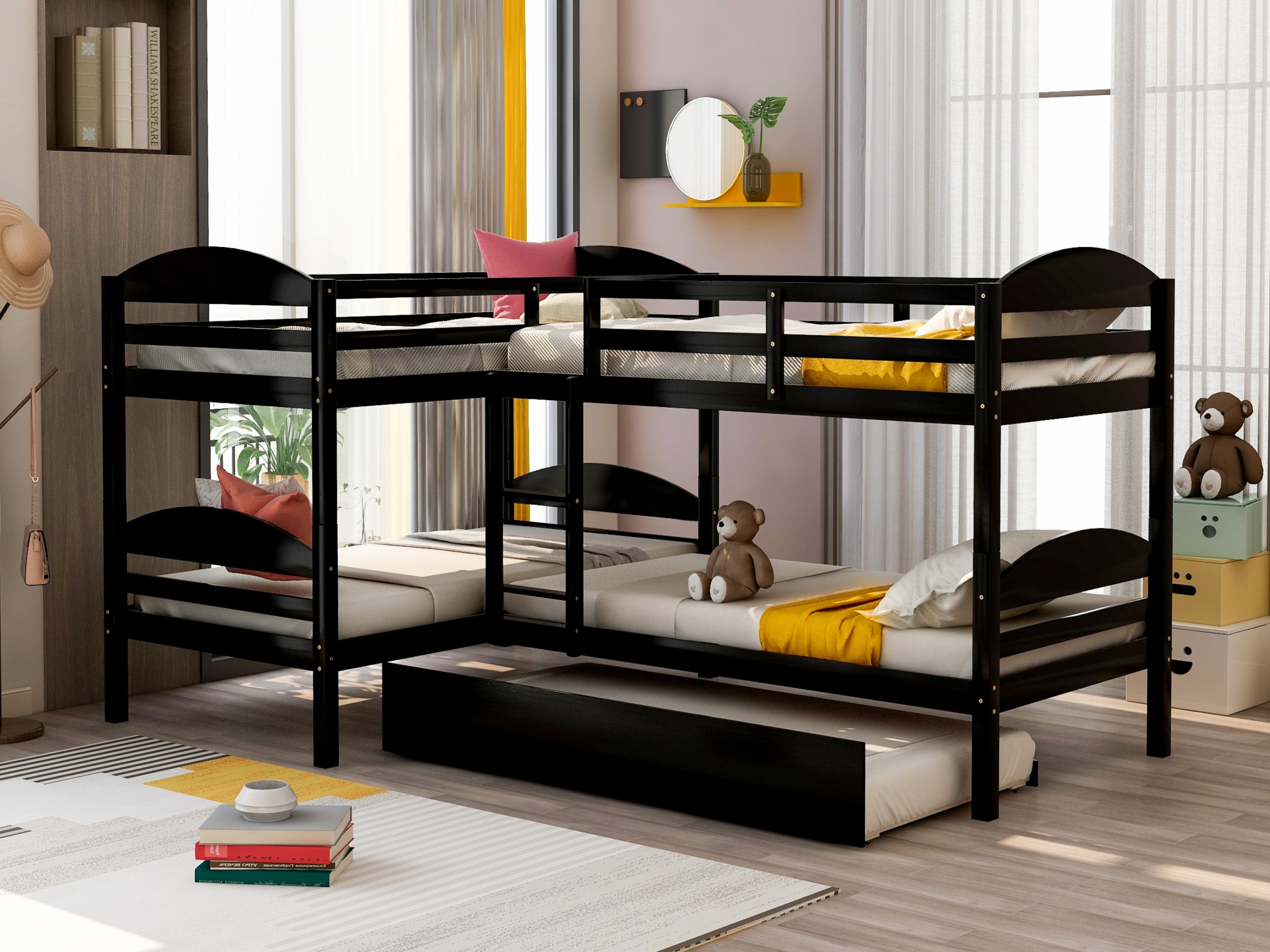 Twin L-Shaped Bunk bed with Trundle-Espresso{OLD SKU:LP000024AAP} - Atlantic Fine Furniture Melbourne FL