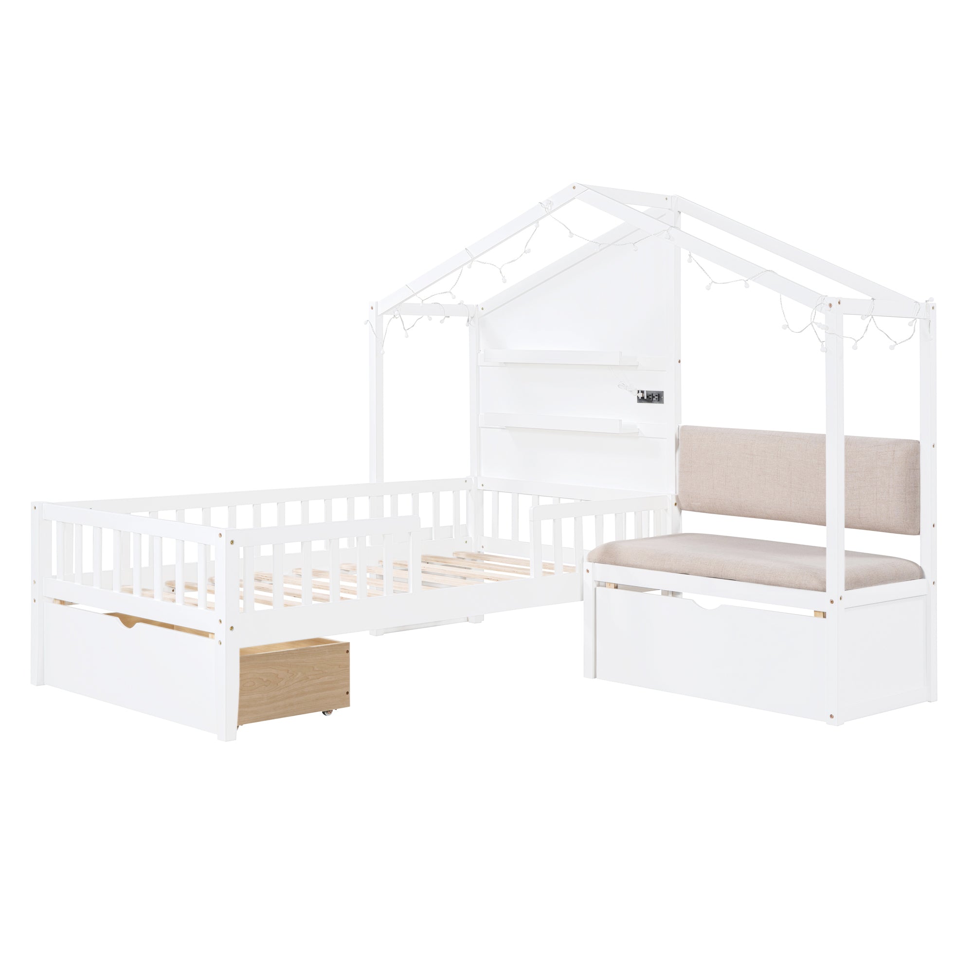 Twin Size House Bed with Upholstered Sofa, House Bed with Charging Station, Wireless Charging, Shelves and Two Drawers, White - Atlantic Fine Furniture Melbourne FL