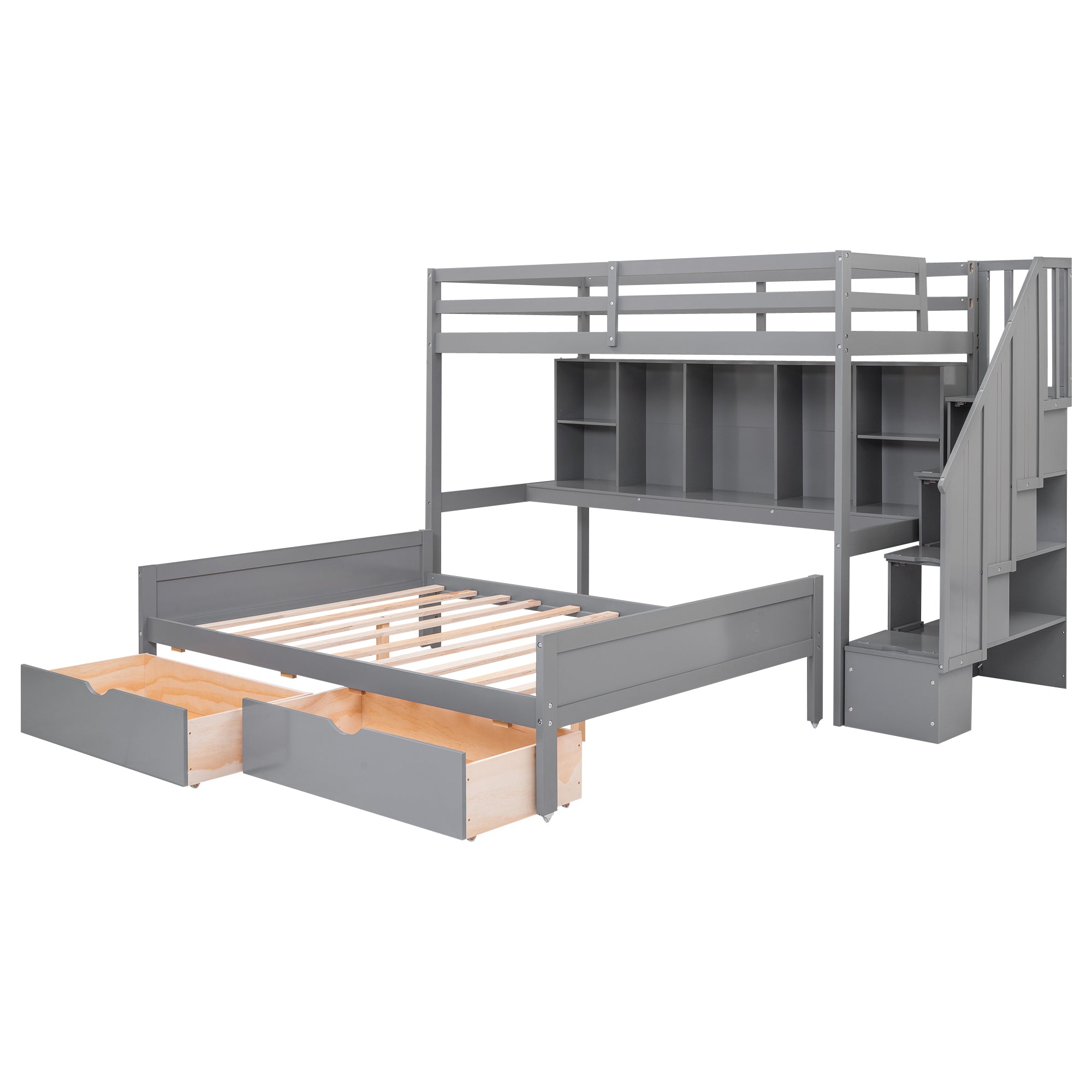Twin XL over Full Bunk Bed with Built-in Storage Shelves, Drawers and Staircase,Gray - Atlantic Fine Furniture Melbourne FL