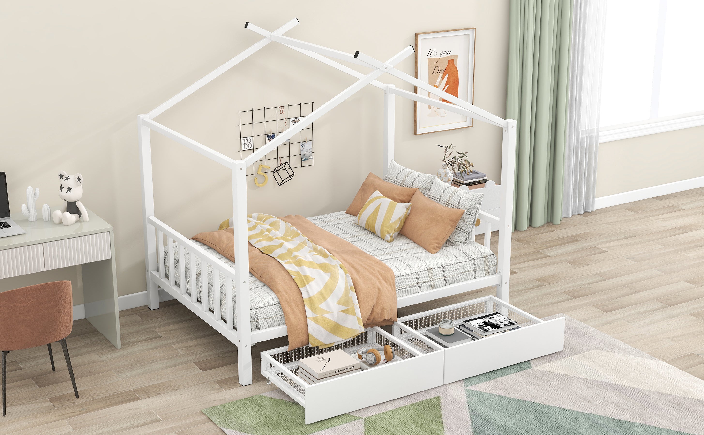 Full Size Metal House Platform Bed with Two Drawers,Headboard and Footboard,Roof Design,White
