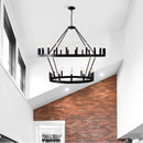 2 Tiers Wagon Wheel Chandelier Wooden Farmhouse 36 Light (24 / 12) Or (12 / 24) Metal Chandeliers 2 Story Light Fixtures Industrial For High Ceiling Living Dining Room Foyer, Adjustable Height - Black