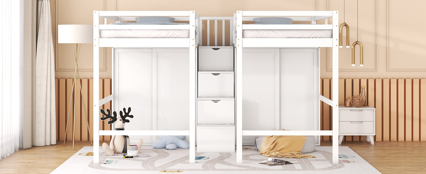 Double Twin Loft Beds with Wardrobes and Staircase, White - Atlantic Fine Furniture Melbourne FL