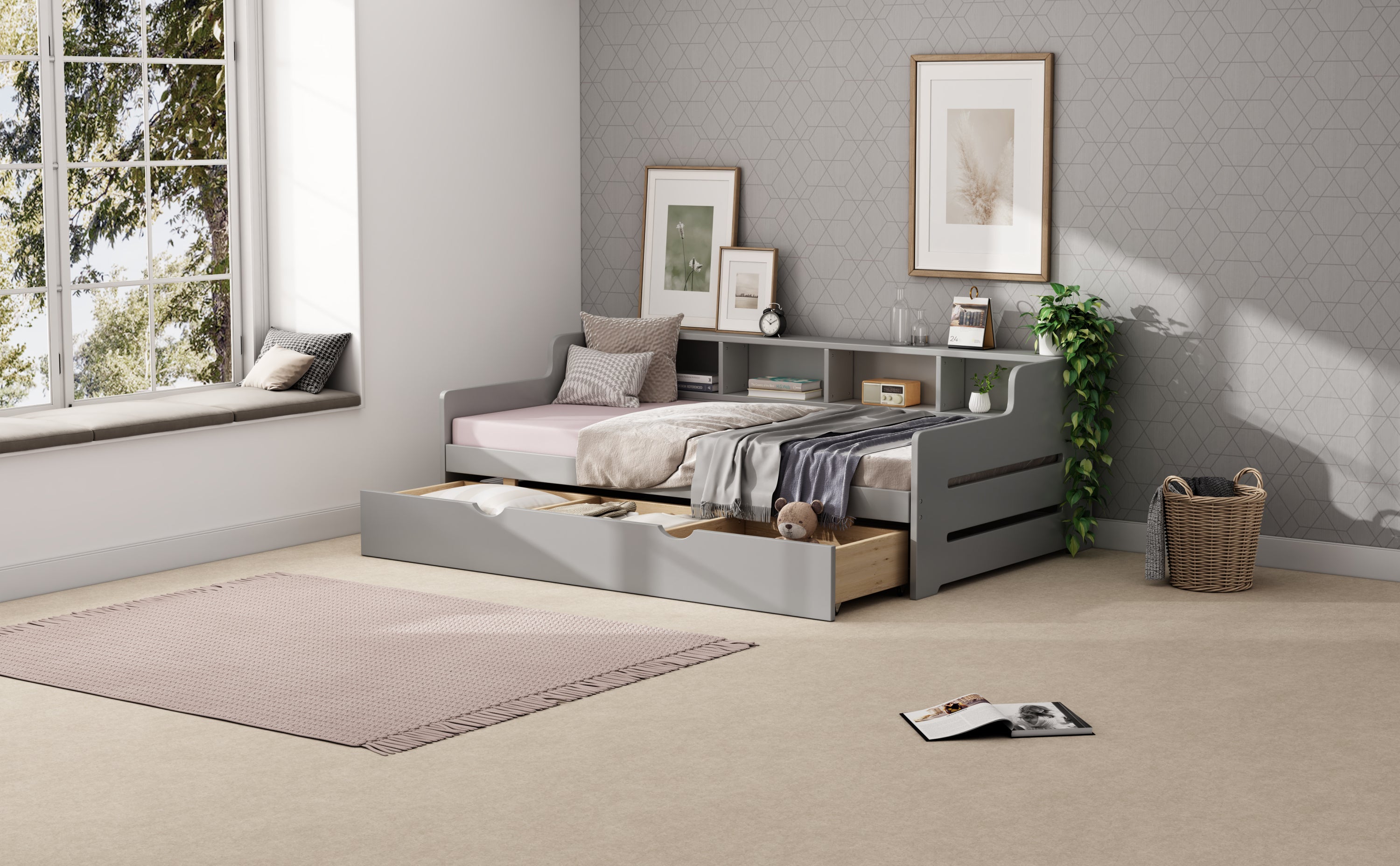 Twin Size Wooden Day Bed with 3 Trawers for Guest Room, Small Bedroom, Study Room, Gray - Atlantic Fine Furniture Melbourne FL