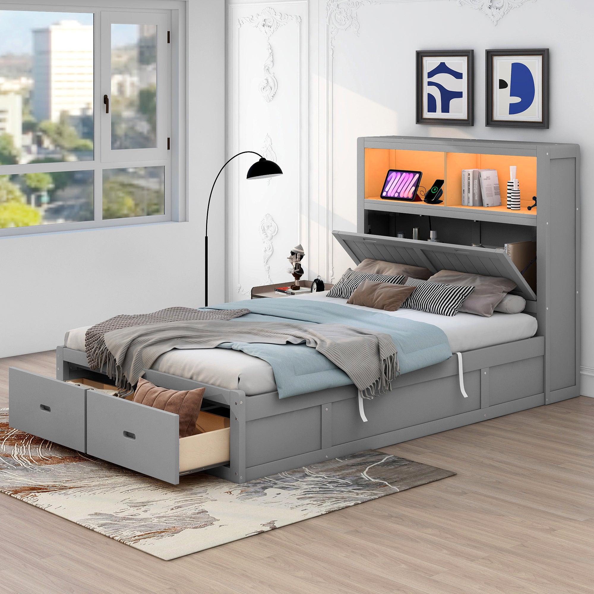 Wood Full Size Hydraulic Platform Bed with Storage LED Headboard, Charging Station and 2 Drawers, Gray - Atlantic Fine Furniture Melbourne FL