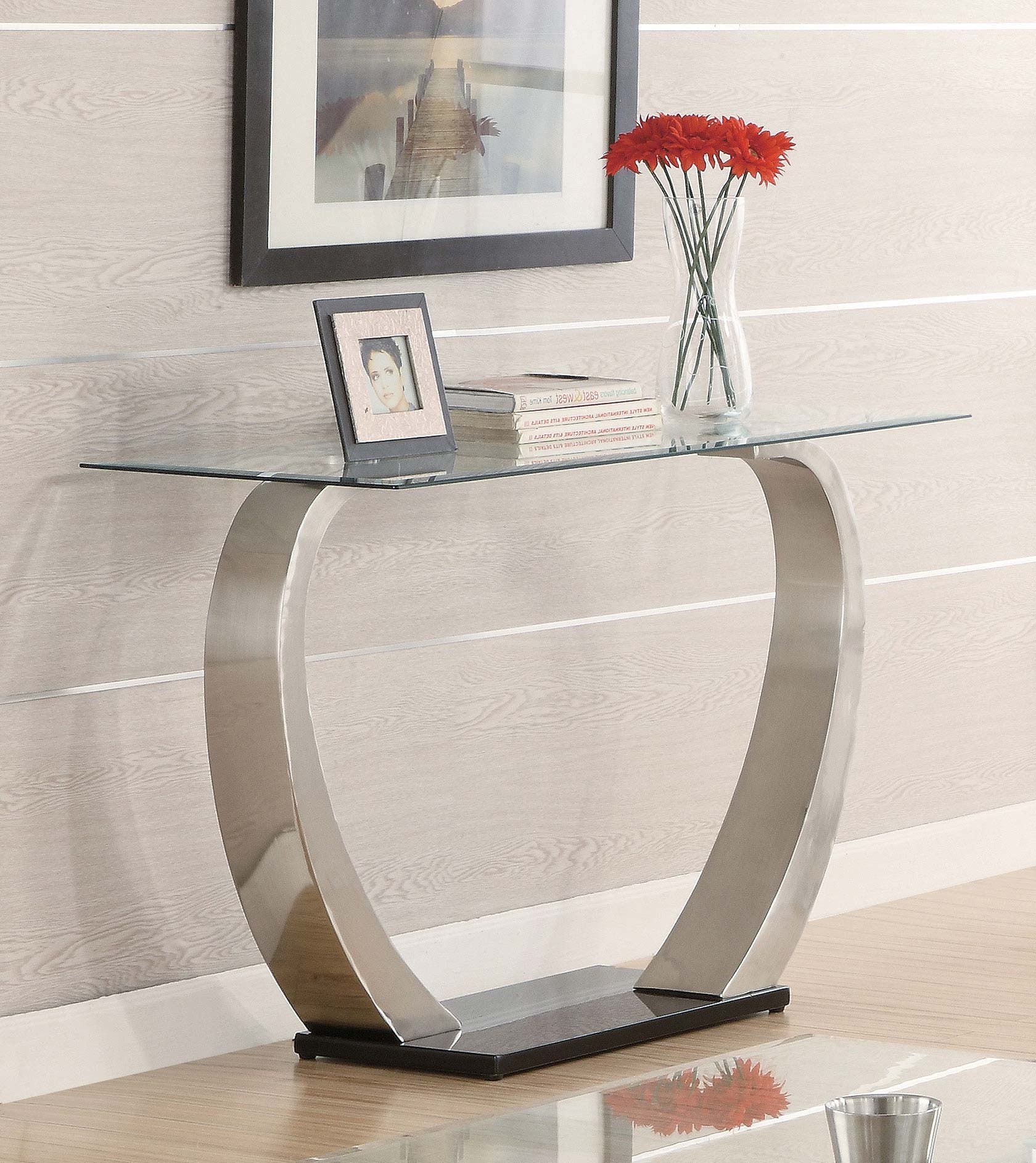Pruitt Glass Top Metal Base Console Table Satin Silver — view 2