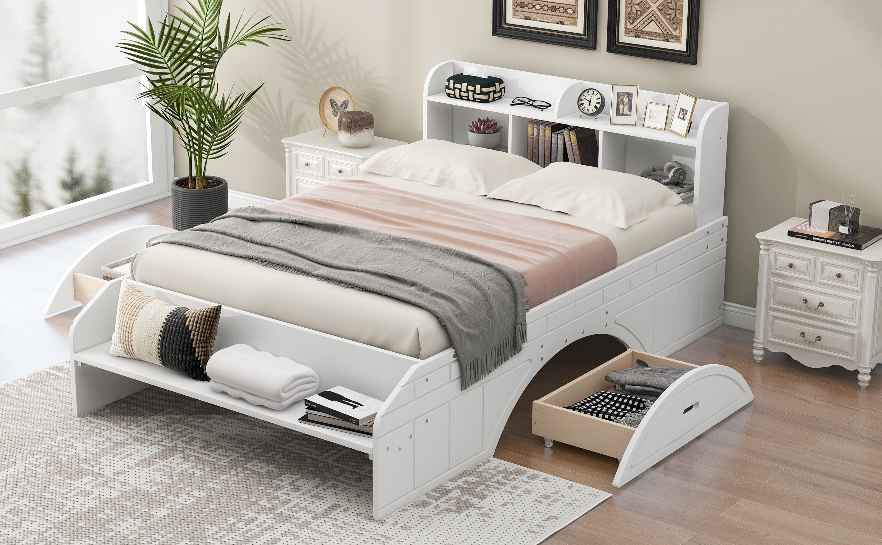 Wood Full Size Platform Bed with 2 Drawers, Storage Headboard and Footboard, White - Atlantic Fine Furniture Melbourne FL