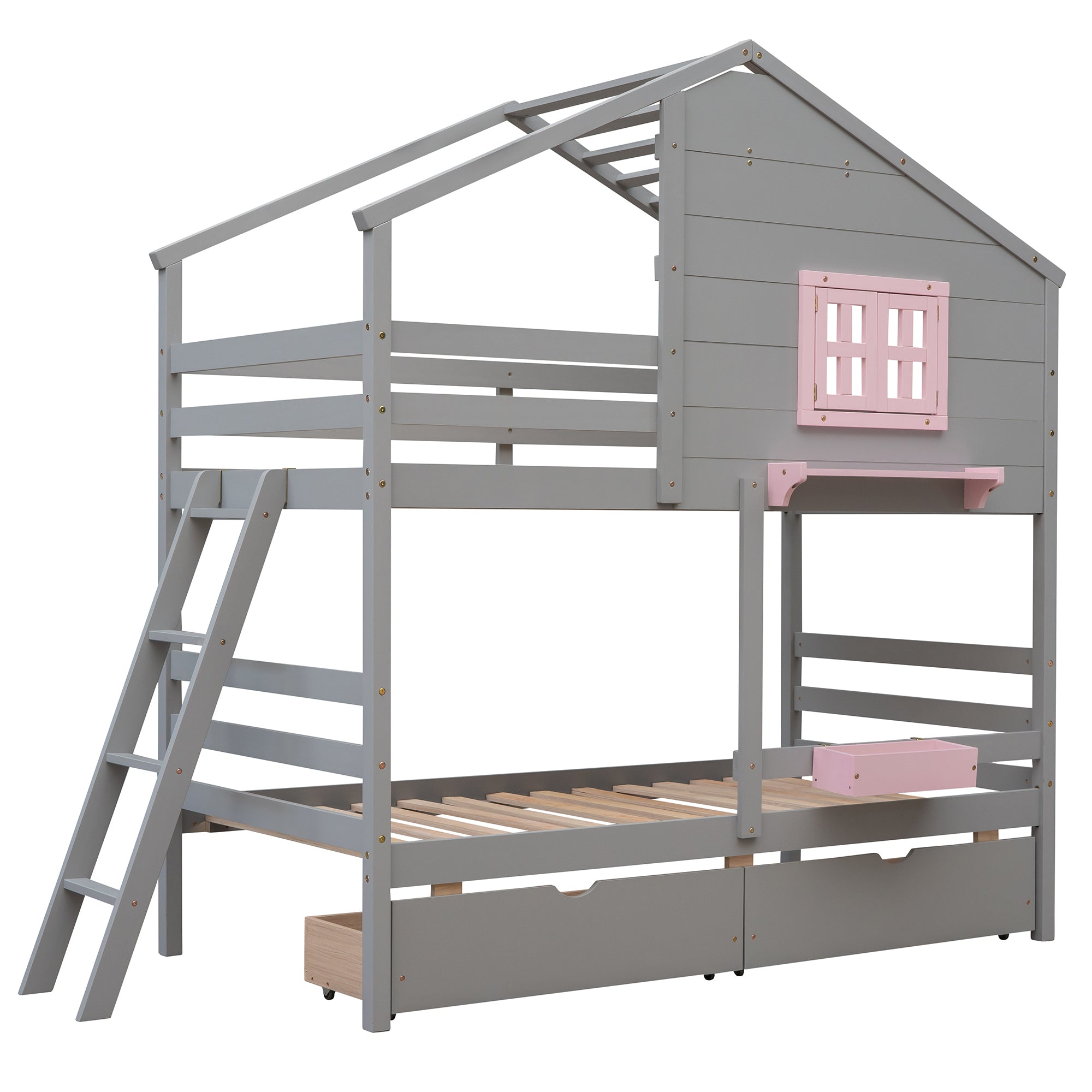 Twin over Twin Bunk Bed with 2 Drawers, 1 Storage Box, 1 Shelf, Window and Roof-Gray(OLD SKU:LT000608AAE) - Atlantic Fine Furniture Melbourne FL