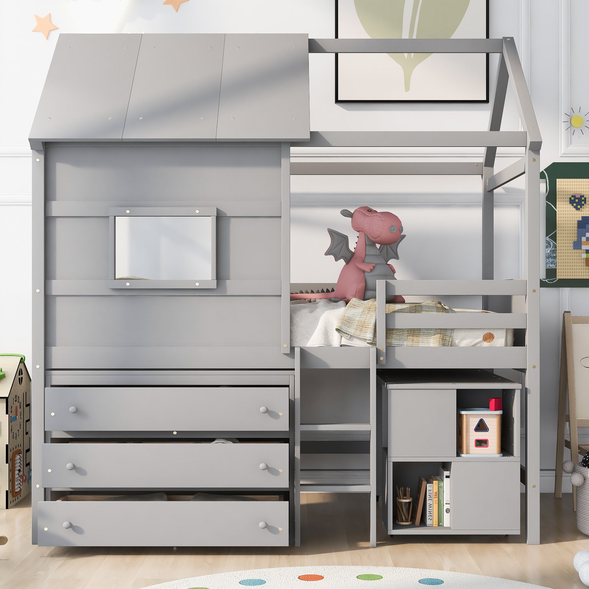Twin Size House Loft Bed with Storage Desk and 3 Drawer Chest, Gray - Atlantic Fine Furniture Melbourne FL