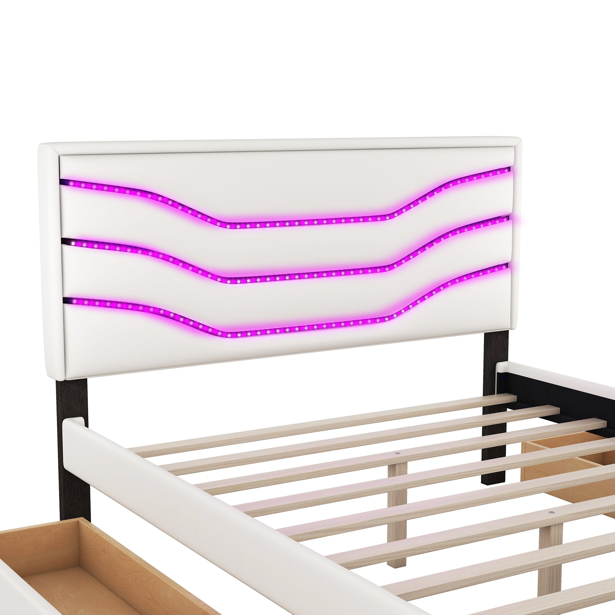 Queen Size Upholstered Storage Platform Bed with LED, 4 Drawers and USB Charging, White - Atlantic Fine Furniture Melbourne FL