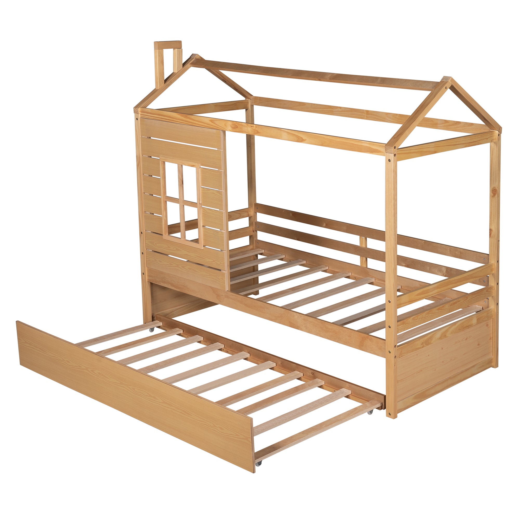 Twin Size House Bed Wood Bed with Twin Size Trundle ( Natural ) - Atlantic Fine Furniture Melbourne FL