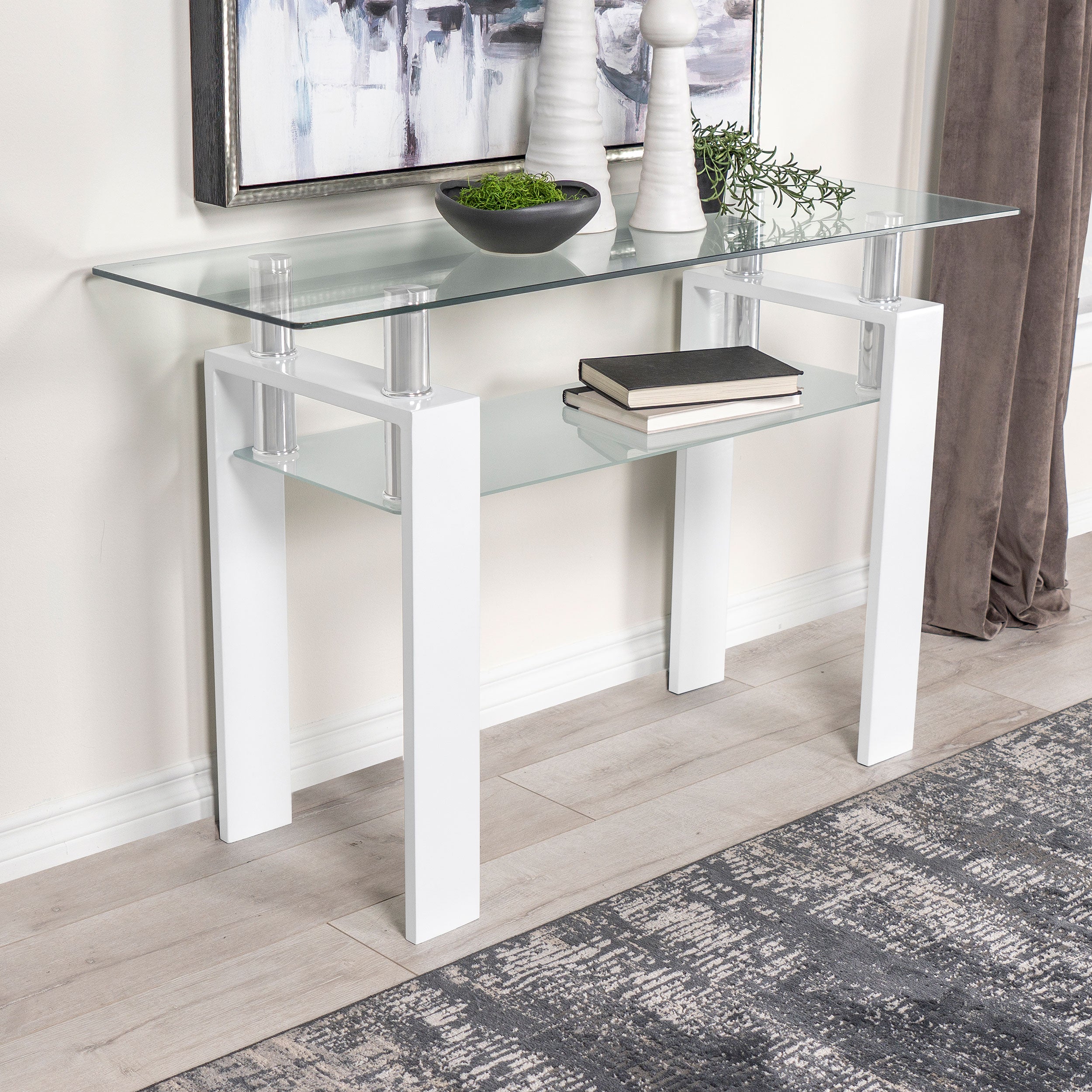 Dyer Rectangular Glass Top Entryway Sofa Console Table White — view 2