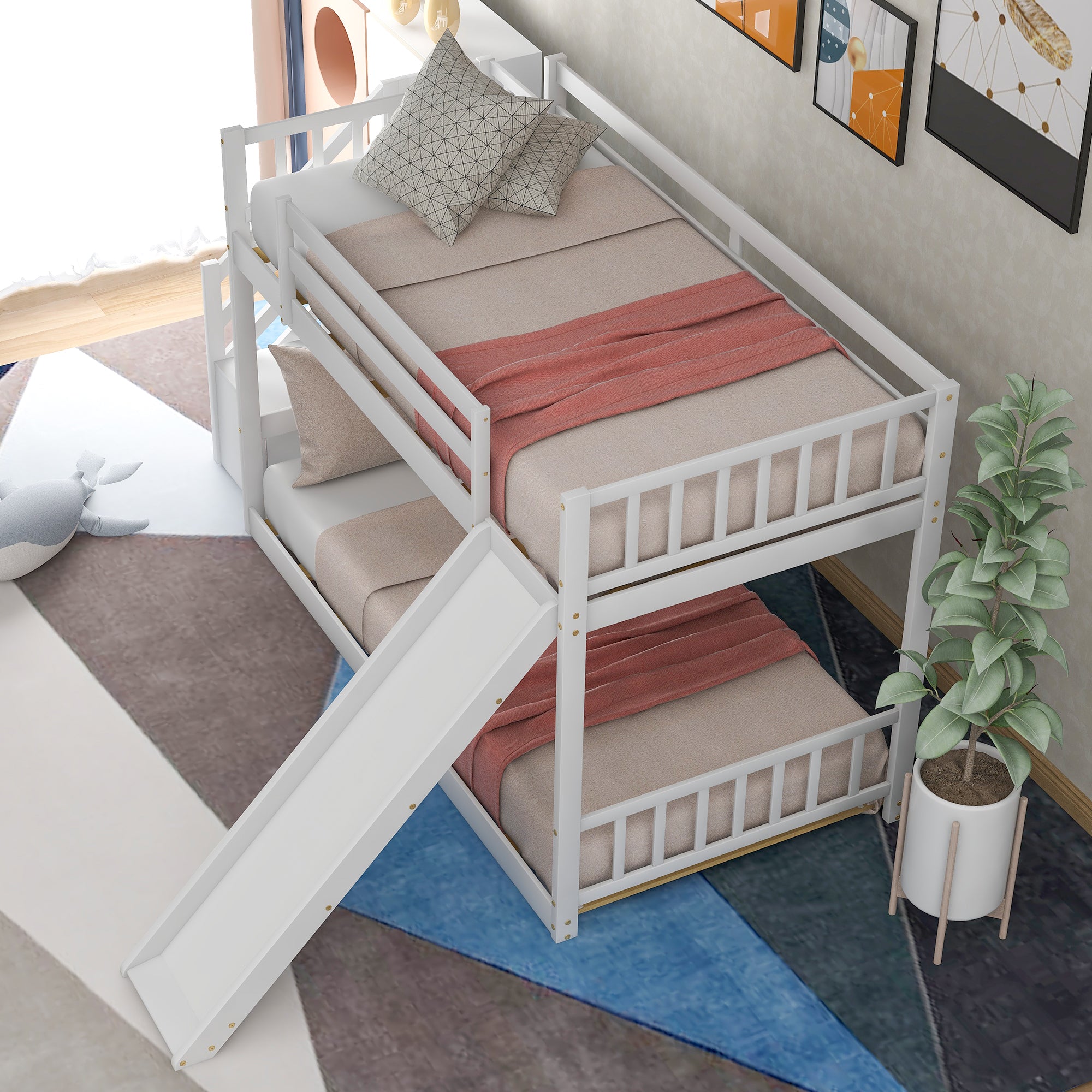 Twin over Twin Bunk Bed with Convertible Slide and Stairway, White - Atlantic Fine Furniture Melbourne FL