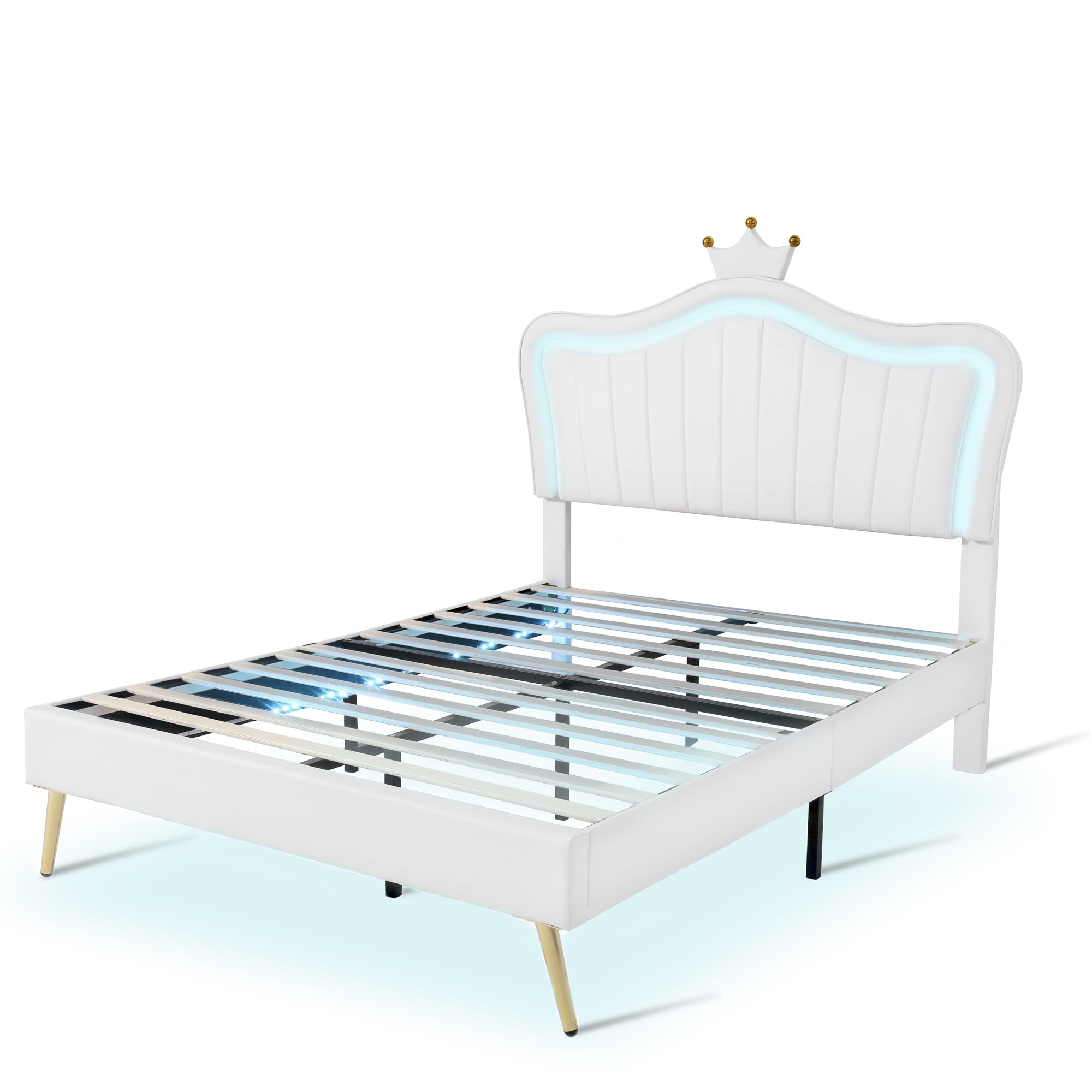 Full Size Upholstered Bed Frame with LED Lights,Modern Upholstered Princess Bed With Crown Headboard,White - Atlantic Fine Furniture Melbourne FL