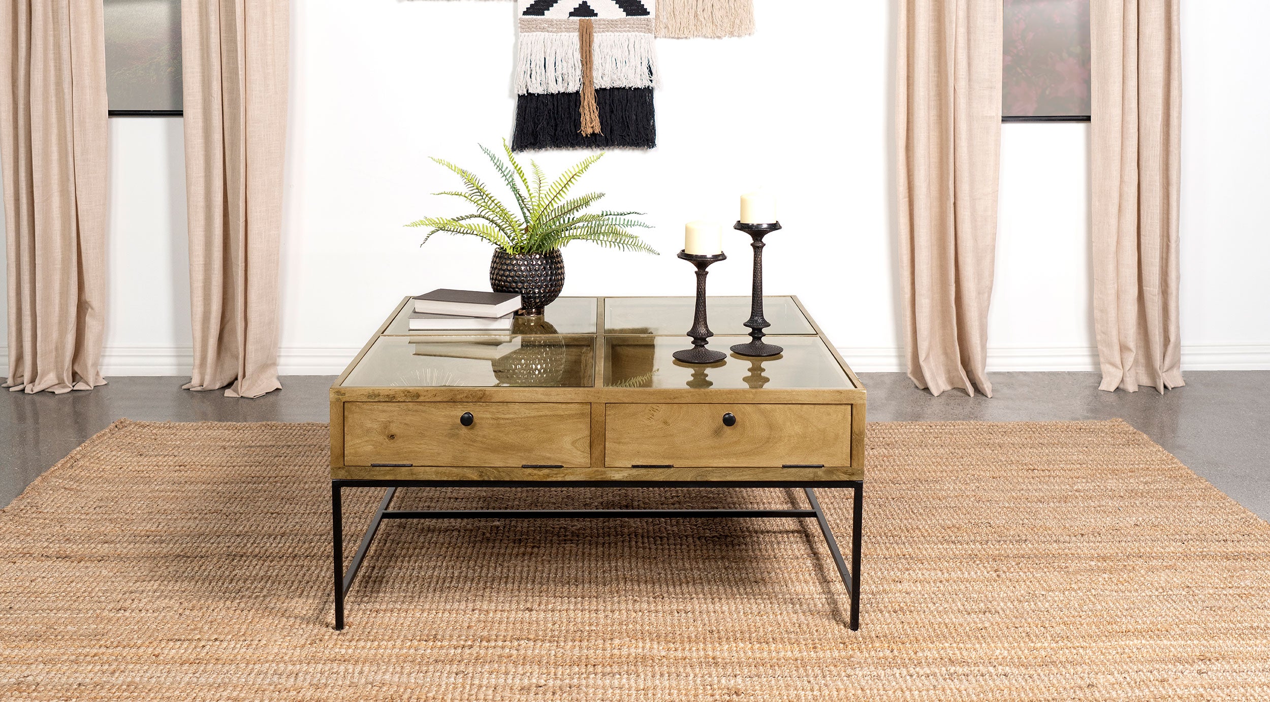 Stephie 4-drawer Square Glass Top Coffee Table Honey Brown — view 2