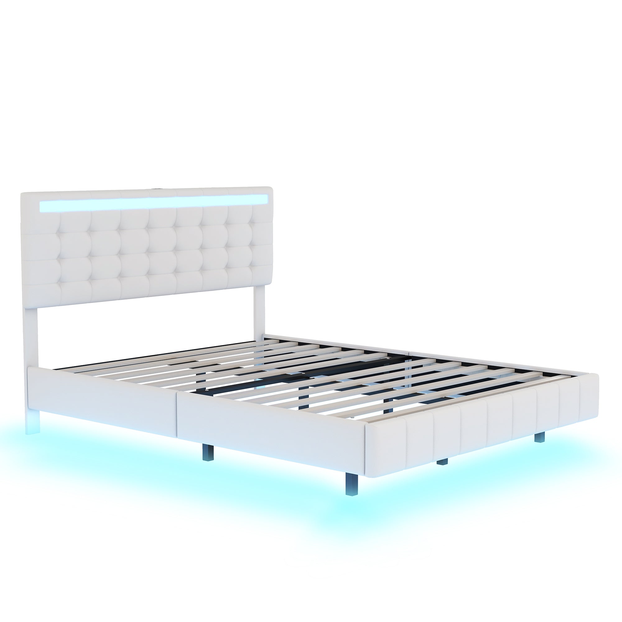 Queen Size Floating Bed Frame with LED Lights and USB Charging,Modern Upholstered Platform LED Bed Frame,White - Atlantic Fine Furniture Melbourne FL