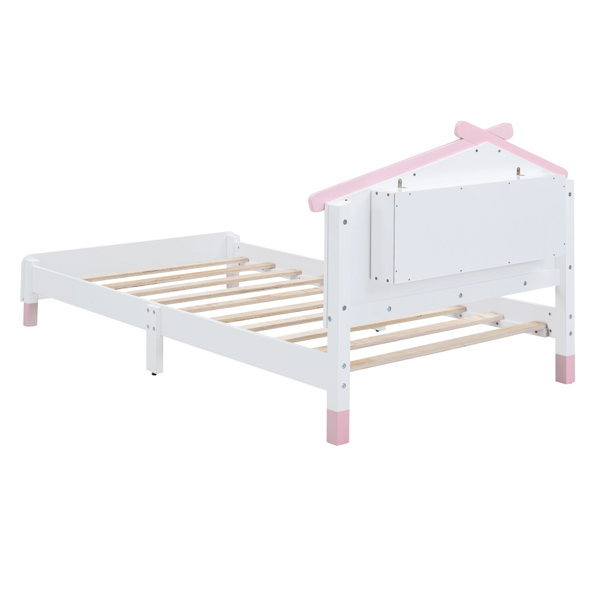 Twin Size Wood Platform Bed with House-shaped Headboard and Motion Activated Night Lights (White+Pink) - Atlantic Fine Furniture Melbourne FL