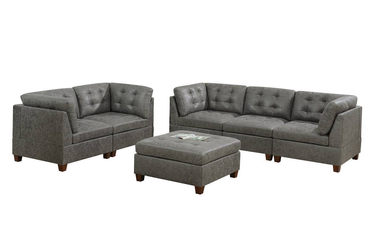 Living Room Furniture Antique Grey Modular Sofa Set 6pc Set Breathable Leatherette Tufted Couch 4x Corner Wedge 1x Armless Chair and 1x Ottoman