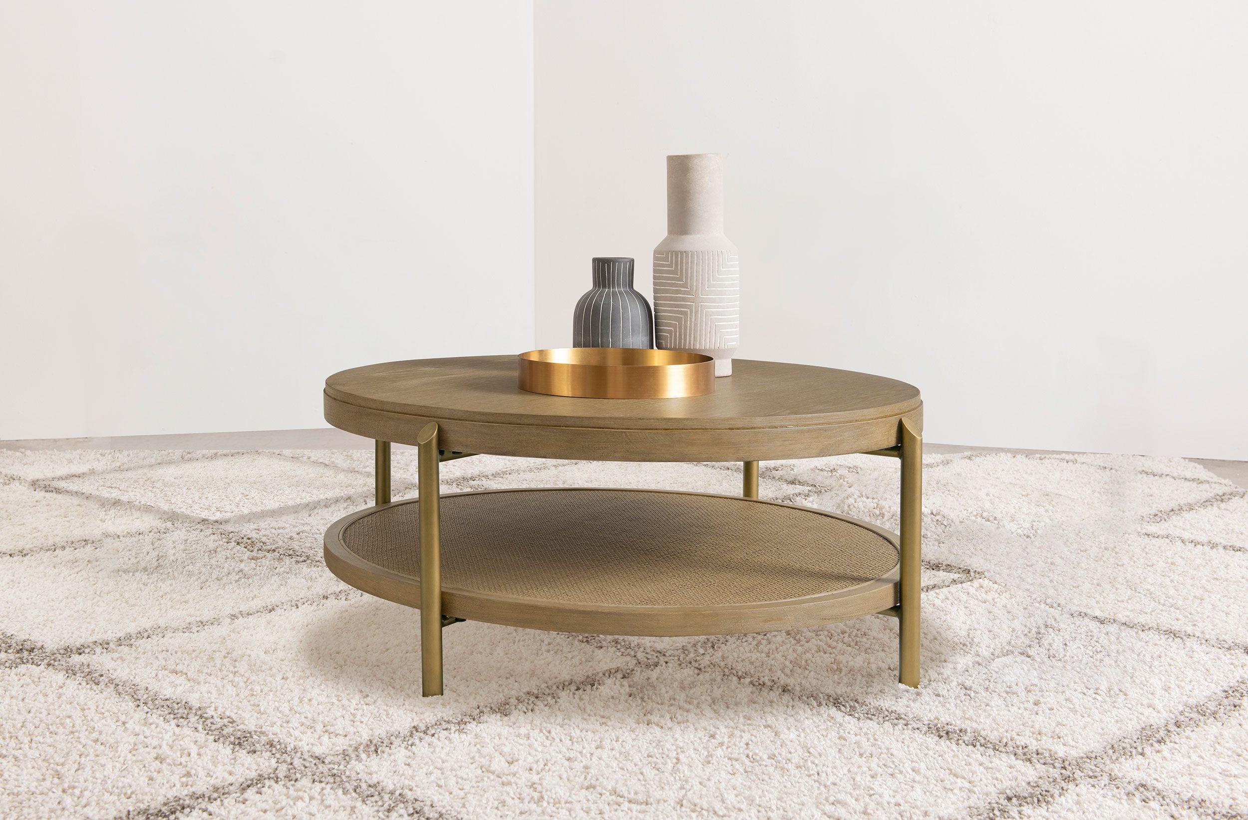 Arini Round Coffee Table With Storage Shelf Sand Wash — view 2