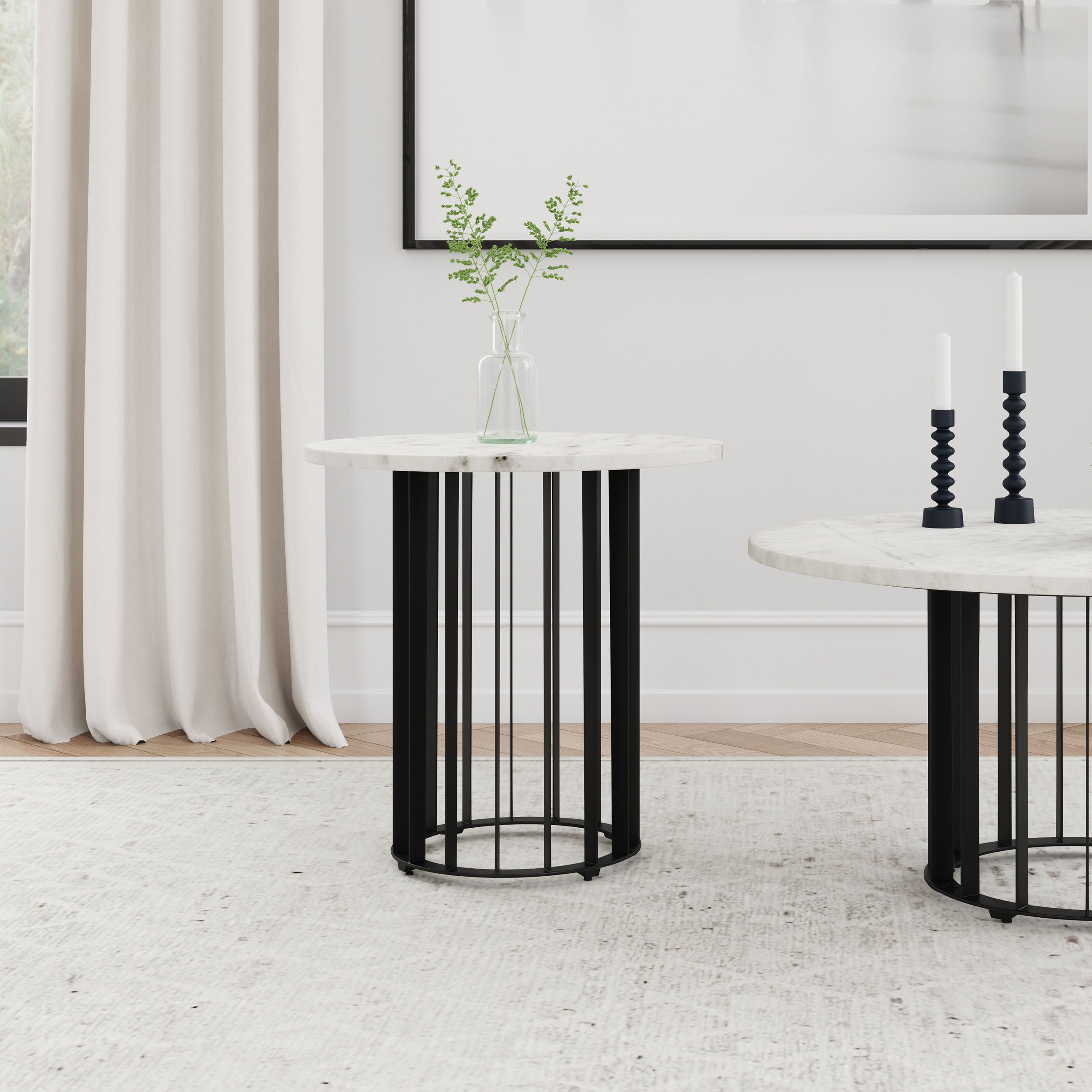 Haven Round Genuine White Marble Top End Side Table Black — view 2