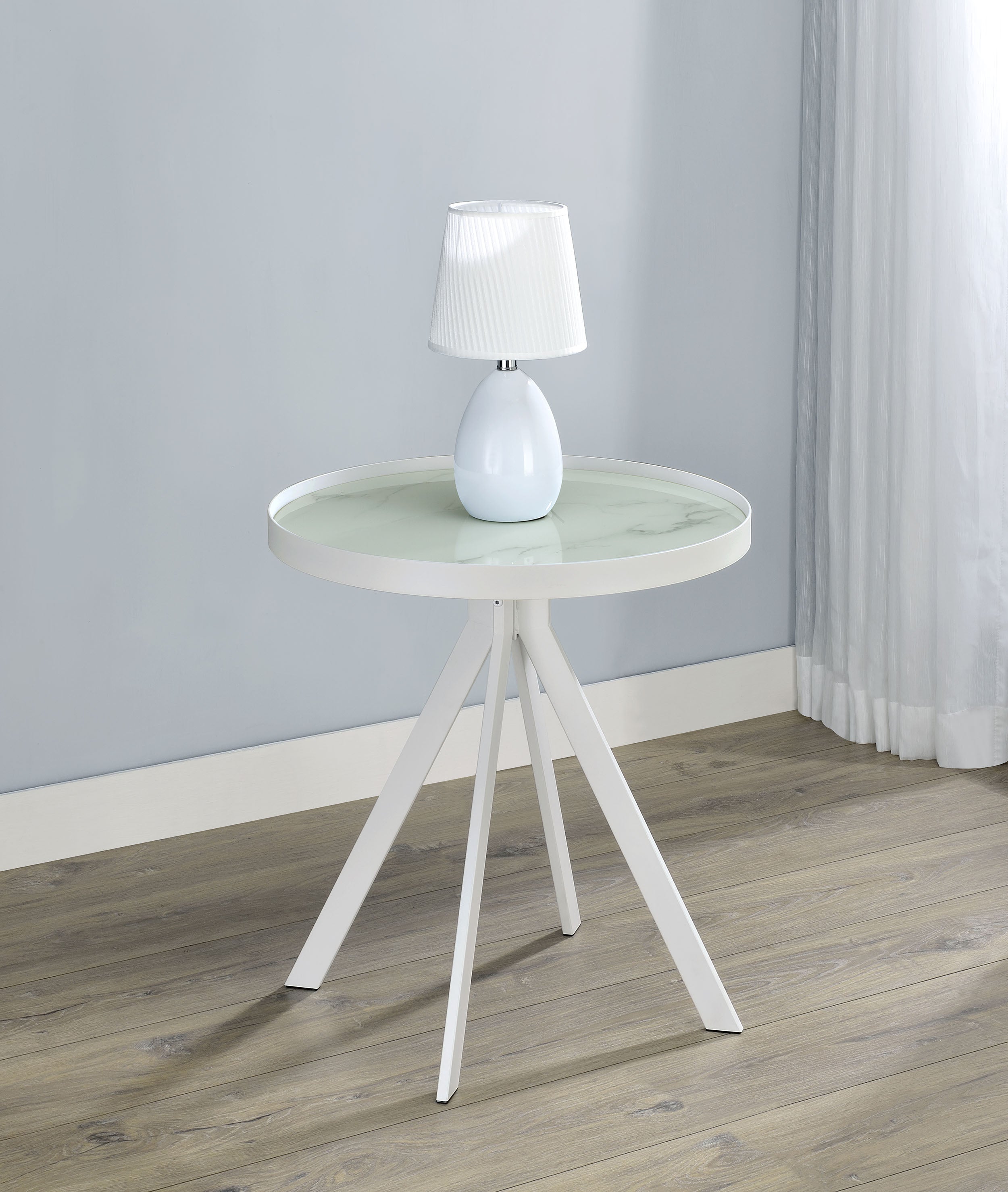 Briggs Round Marble Printed Glass Top End Side Table White — view 2