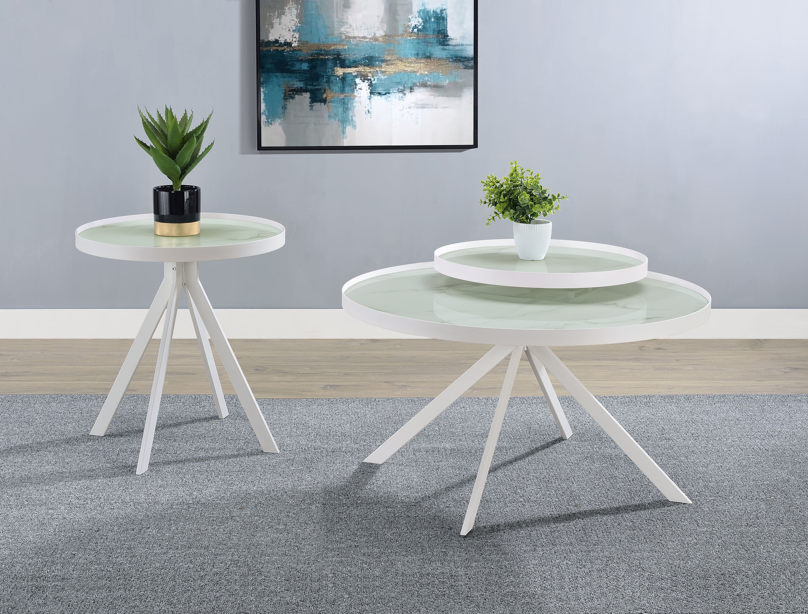Briggs Round Marble Printed Glass Top End Side Table White — view 10