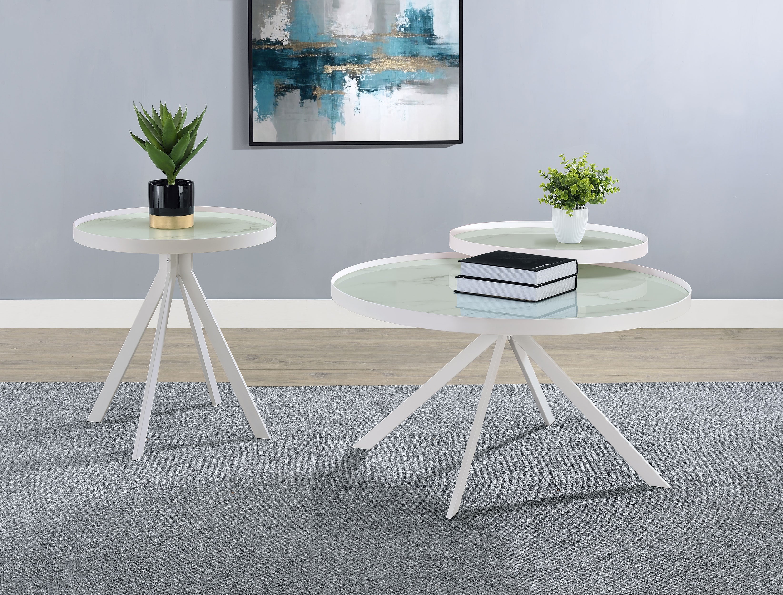 Briggs Round Marble Printed Glass Top Coffee Table White — view 14