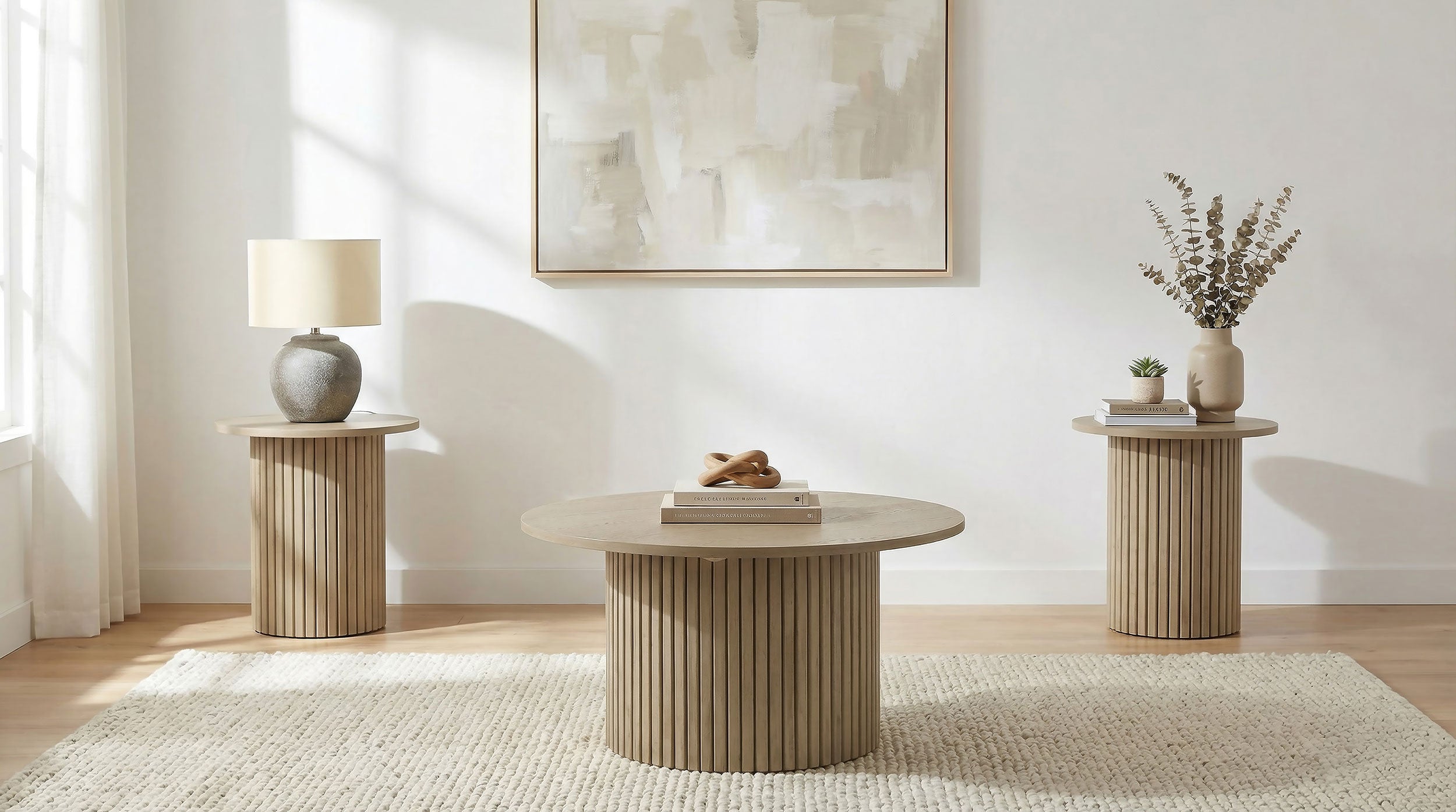 Hamlyn 3-piece Round Fluted Coffee and End Table Set Natural Oak — view 1