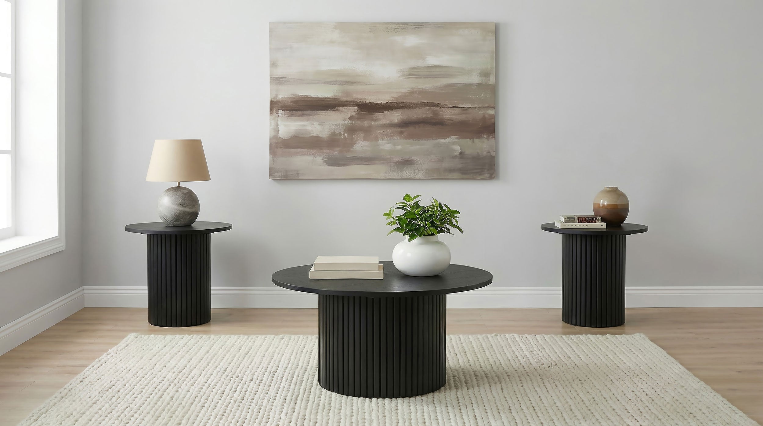Hamlyn 3-piece Round Fluted Coffee and End Table Set Black — view 1
