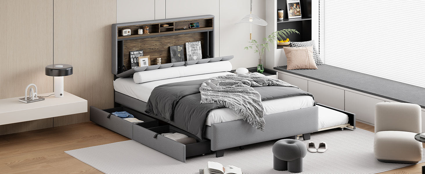 Full size Upholstered Platform Bed with Storage Headboard, Twin Size Trundle & 2 drawers and a set of Sockets & USB Ports, Linen Fabric, Gray - Atlantic Fine Furniture Melbourne FL