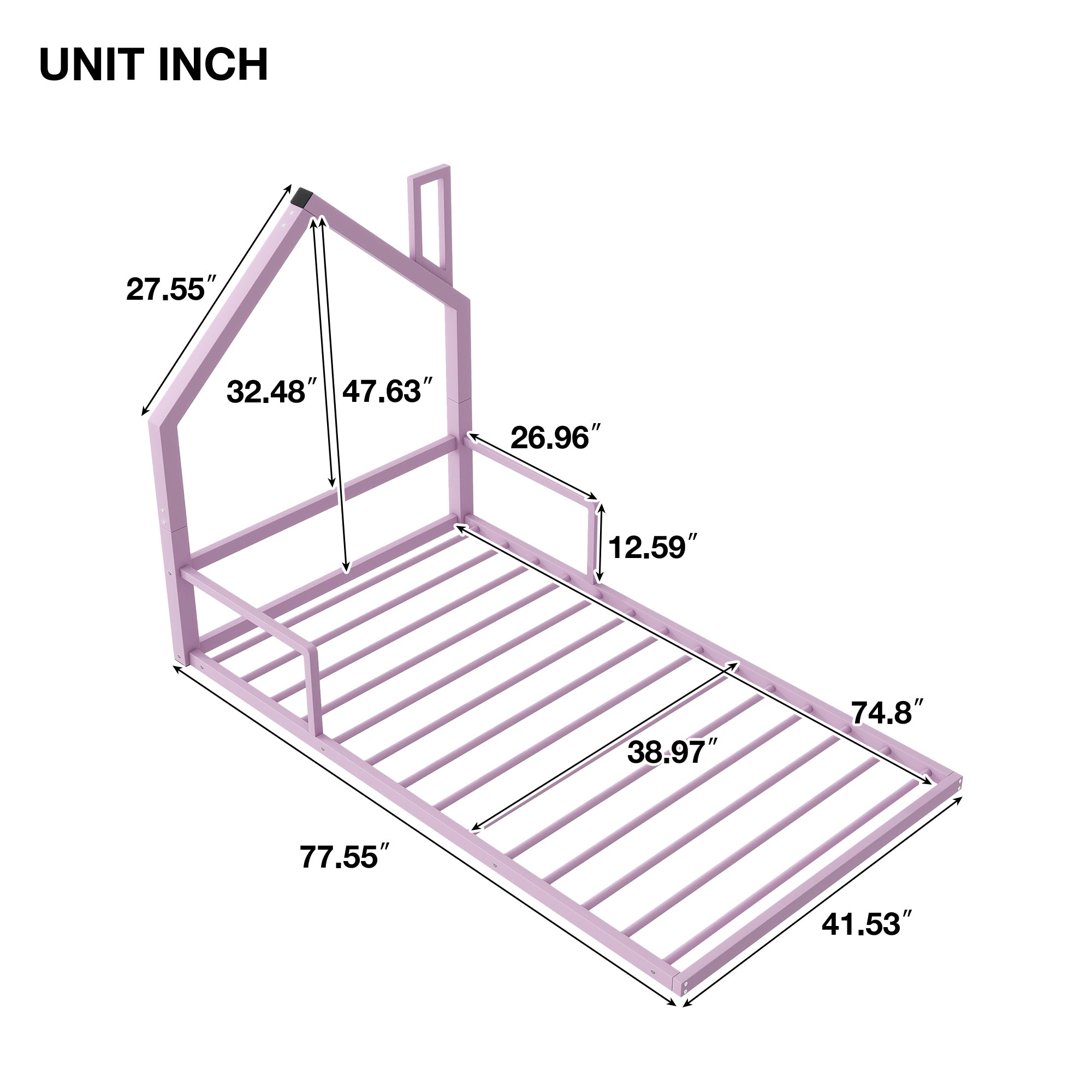 Twin Size Metal Floor Bed with House-shaped Headboard, Pink - Atlantic Fine Furniture Melbourne FL