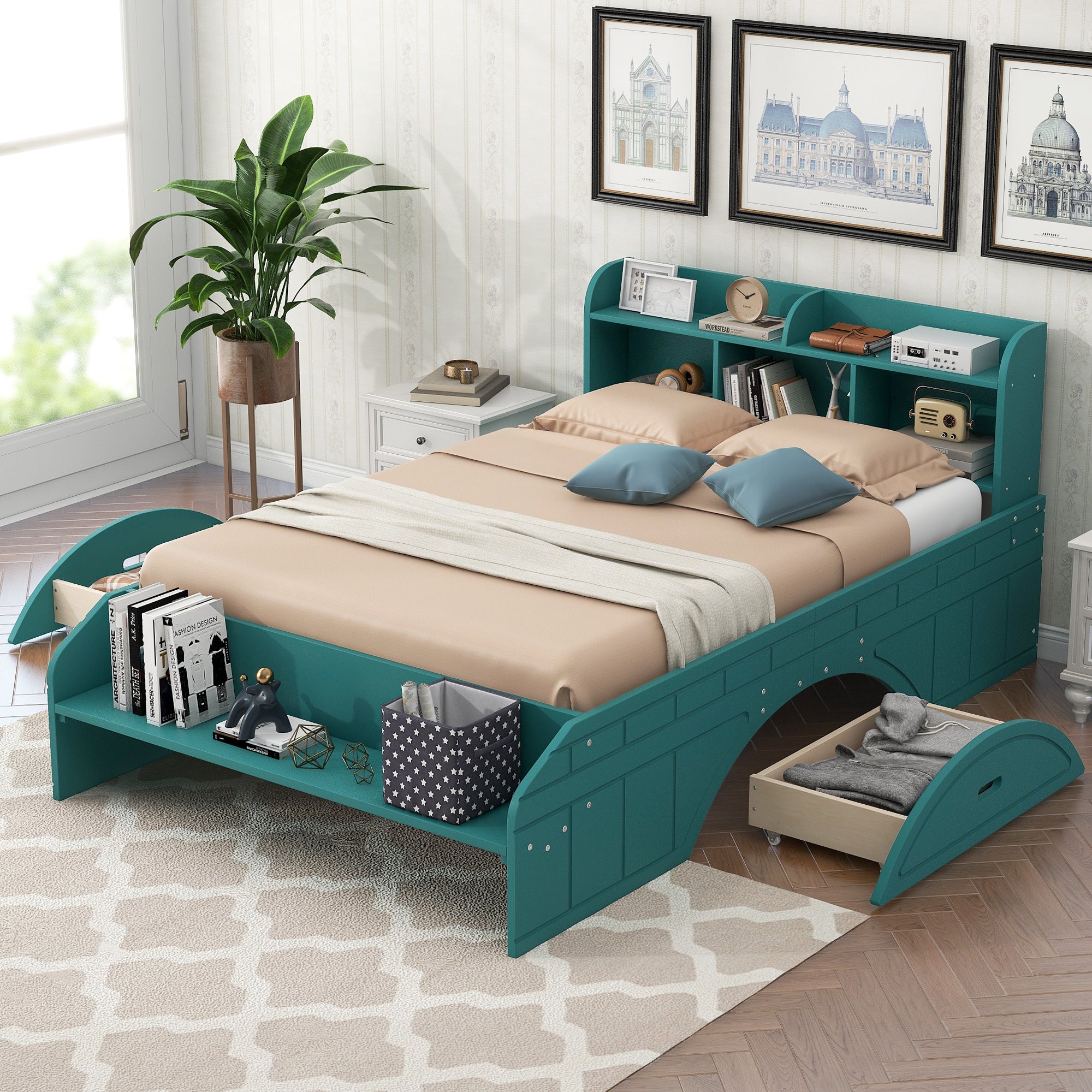 Wood Full Size Platform Bed with 2 Drawers, Storage Headboard and Footboard, Dark Green - Atlantic Fine Furniture Melbourne FL